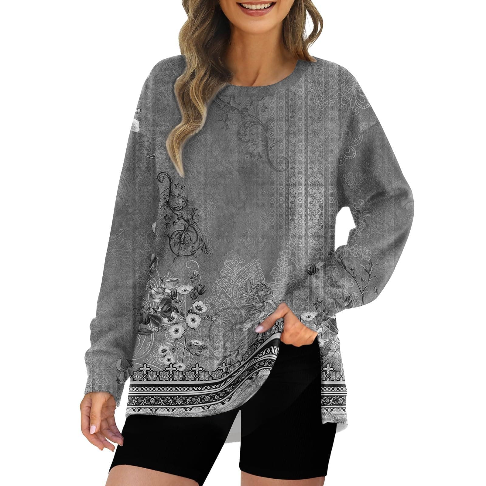 Women's Tops Fashion Side Split Round Neck Pullover Long Sleeve Printed Top Sweatshirt T Shirt, S-3XL