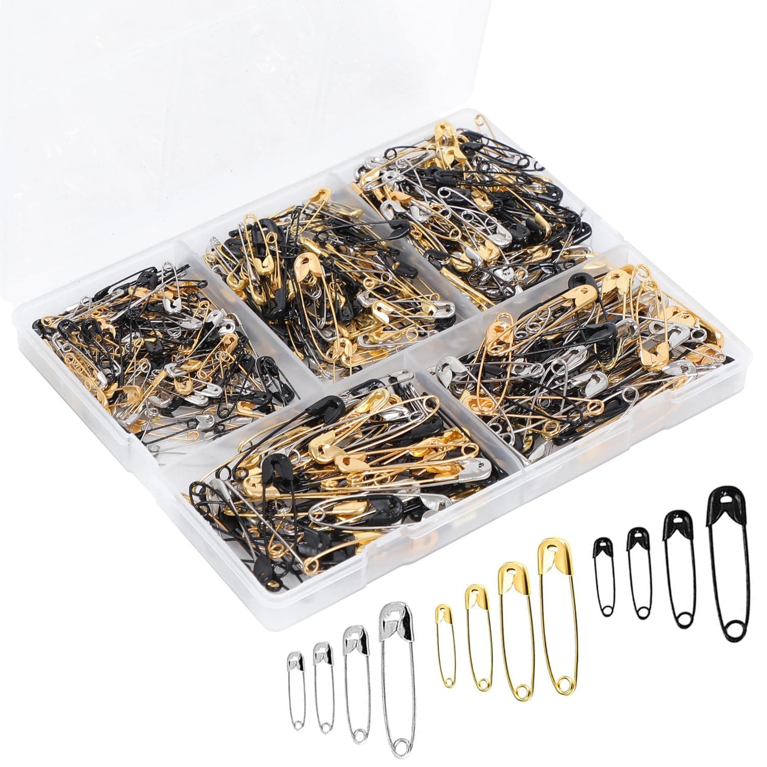600 Pcs Safety Pins Assorted, 4 Sizes Large and Small Safety Pins for Clothes,Black Gold Silver Safety Pin Rust Resistant for Art,Crafts, Sewing and Jewelry Making