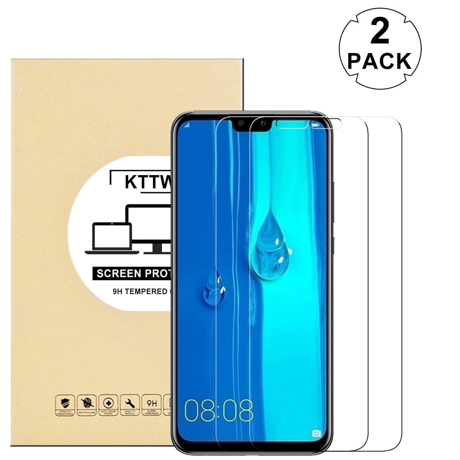 [2 Pack] Huawei Y9 2019 Screen Protector Glass,KTTWO 9H Hardness Tempered Glass Anti-Scratch Bubble-Free Screen Protector for Huawei Y9 2019