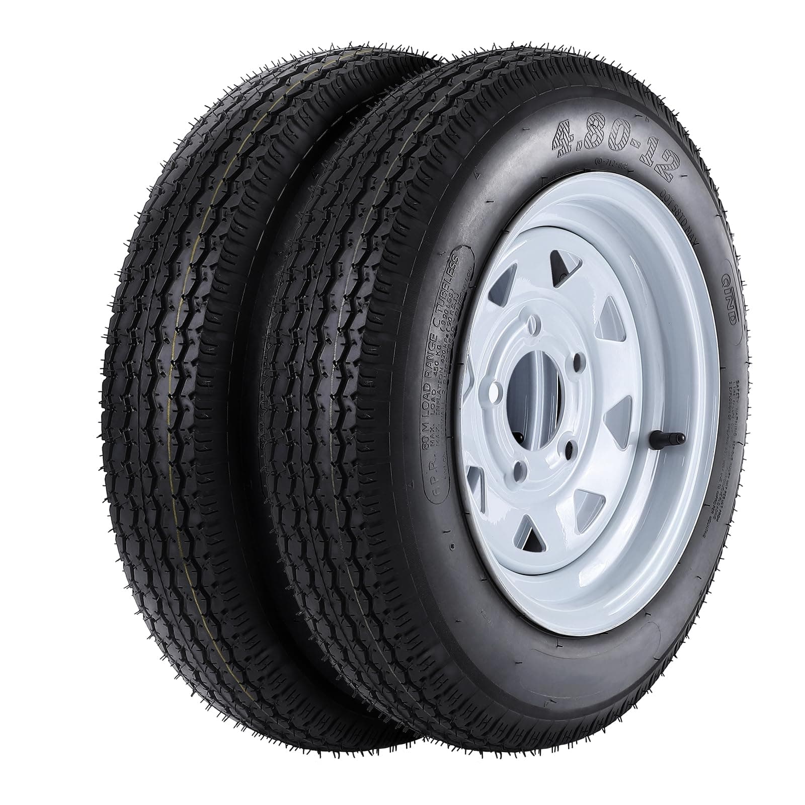 2 Pack 480-12 4.80x12 4.80-12 4.8-12 Trailer Tires with 12'' Rims, 5 Lug on 4.5'', Load Range C 6PR