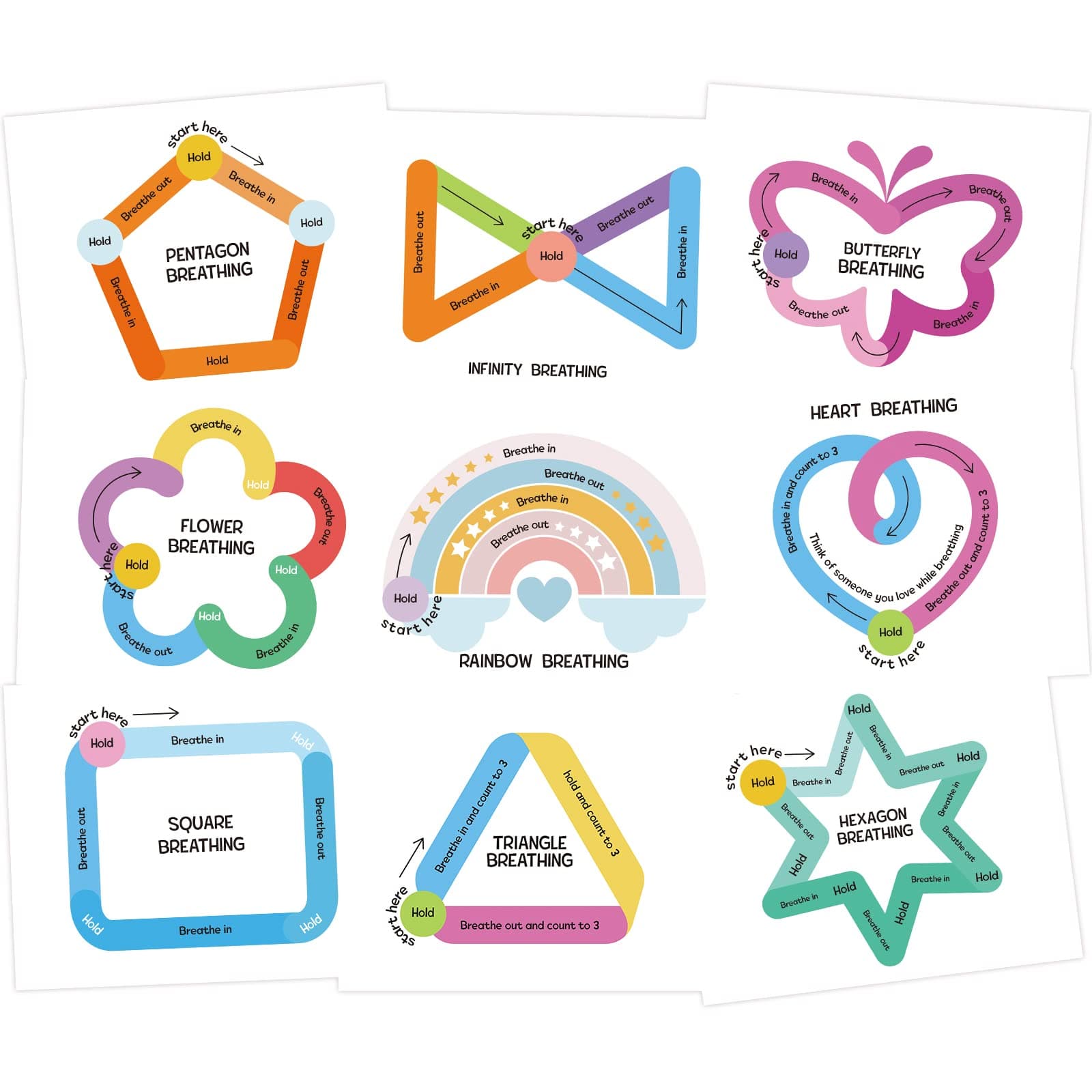 Geyee 9 Pcs Classroom Breathing Posters Calming Corner Posters Mindfulness Therapy Office Decor Calm Down Supplies Feelings Chart for Kids Educational Breathing Stickers for Classroom(Rainbow)