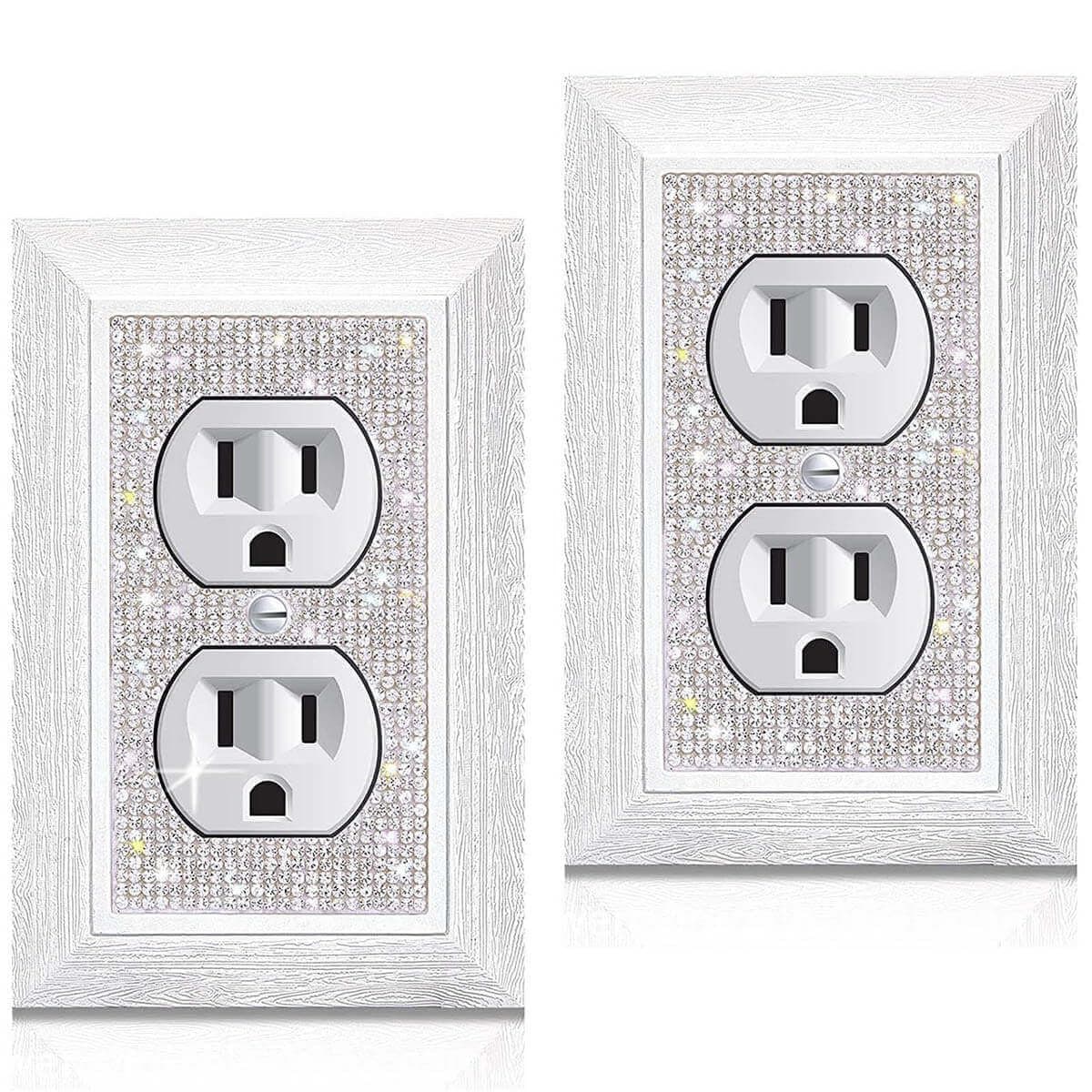 Bling Wall Plates for Electrical Outlets,Glitter Cute Covers,Silver Rhinestones White Texture Electrical Outlet Wall Plate Decorative Accessories for Home Improvement (2 Pack)