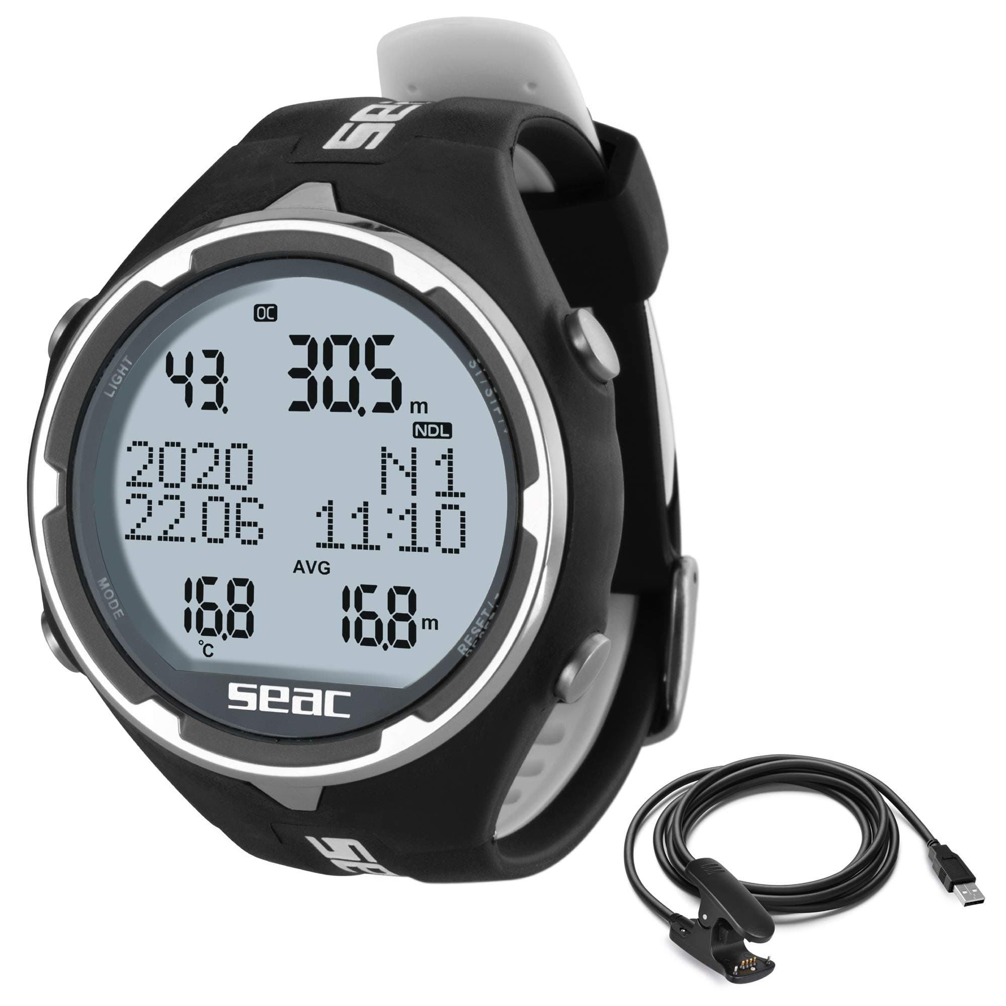 Seac Action, Dive Computer with Scuba and Freediving Mode, Dive Logbook, Dive Planner, Safety Alarms, black/white + usb