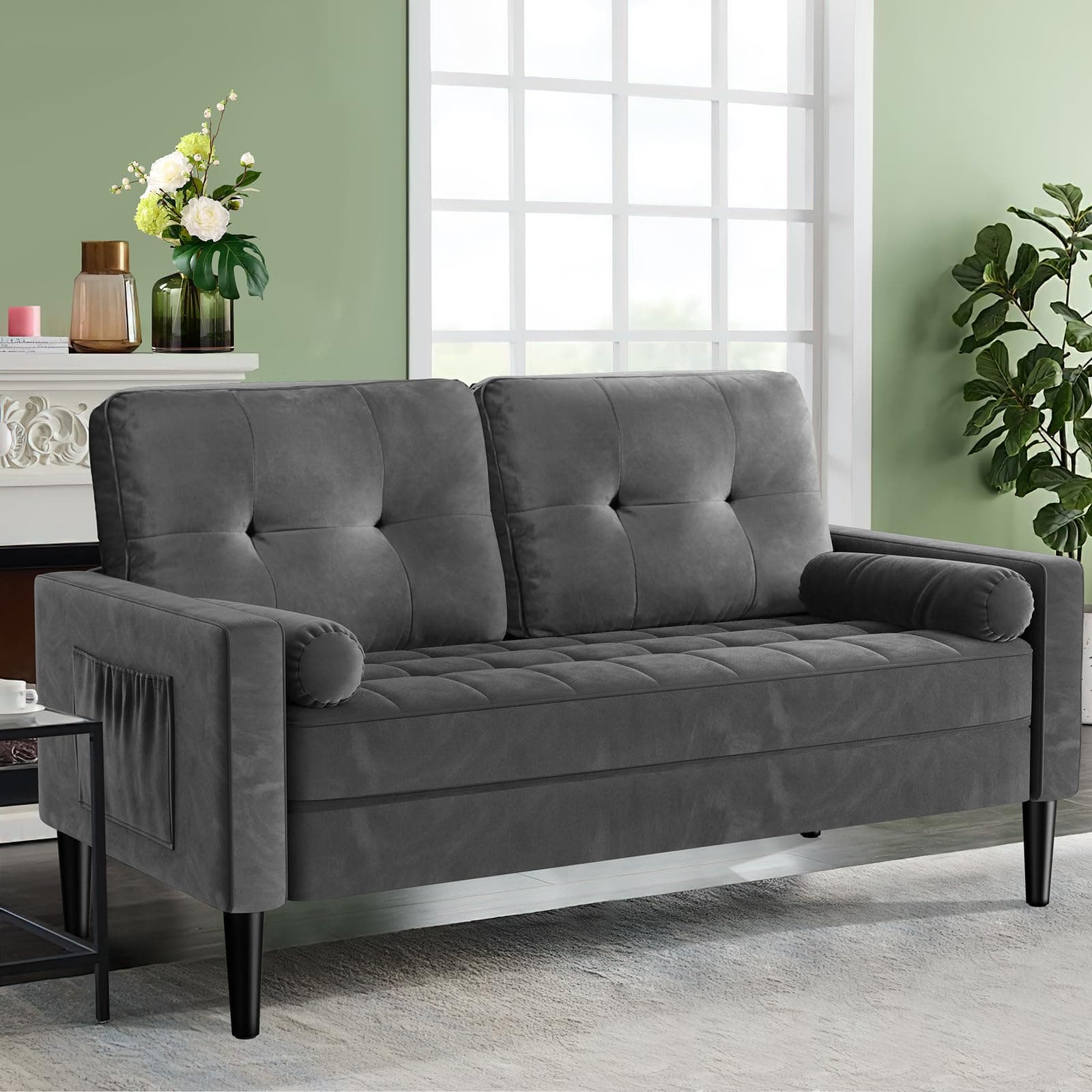 Aotumm Ciort Sofa 2 Seater, Loveseat Sofa Couch with 2 Pillows, Comfy Seat Cushion, Mid Century Modern Couch, Small Sofas for Living Room/Apartment/Bedroom, Easy Assembly Velvet Sofa (Grey)