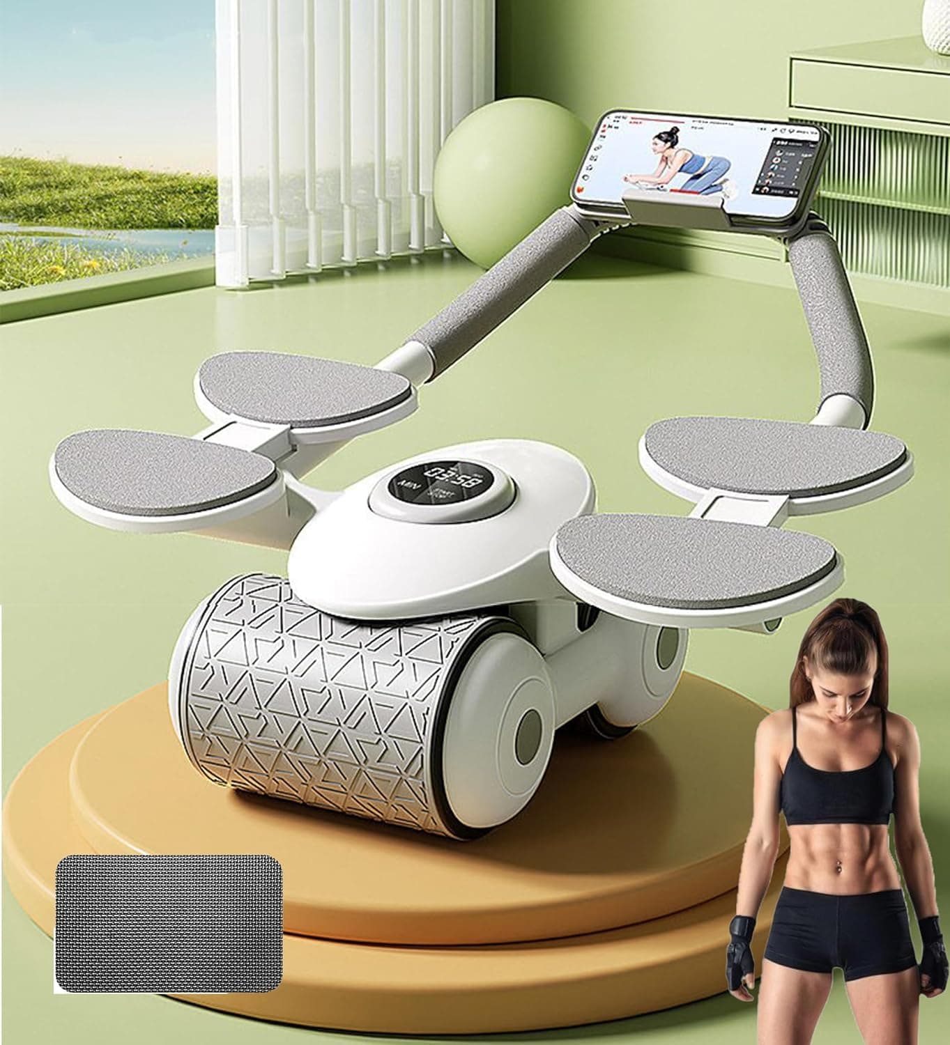 KLIFFOO Ab Roller Wheel Automatic Rebound with Four Elbow Supports for Men & Women,Rebound Abdominal Wheel with Timer&Knee Mat,Abdominal Exercise Roller Wheel for Core Trainer Workout Home Gym,Silver