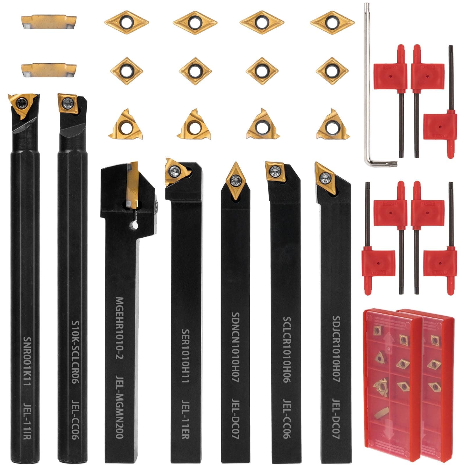 21 PCS Kit,Indexable Lathe Turning Tool,3/8" 10mm Shank,7Pcs Metal Lathe Cutting Holder with 14Pcs Carbide Turning Inserts,Carbide Lathe Turning Tools for Turning Grooving Threading Boring