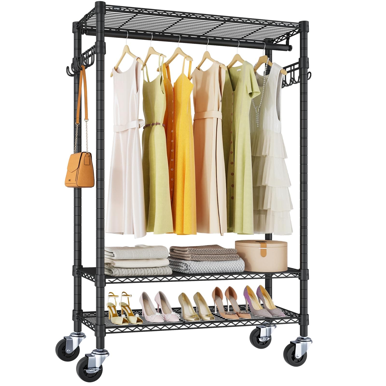 VIPEK X1 Plus Rolling Clothes Rack Portable Garment Rack for Hanging Clothes, 3 Tiers Shelves Freestanding Drying Racks with Wheels Hanging Rod Side Hook Heavy Duty Closet Rack for Laundry Room Black