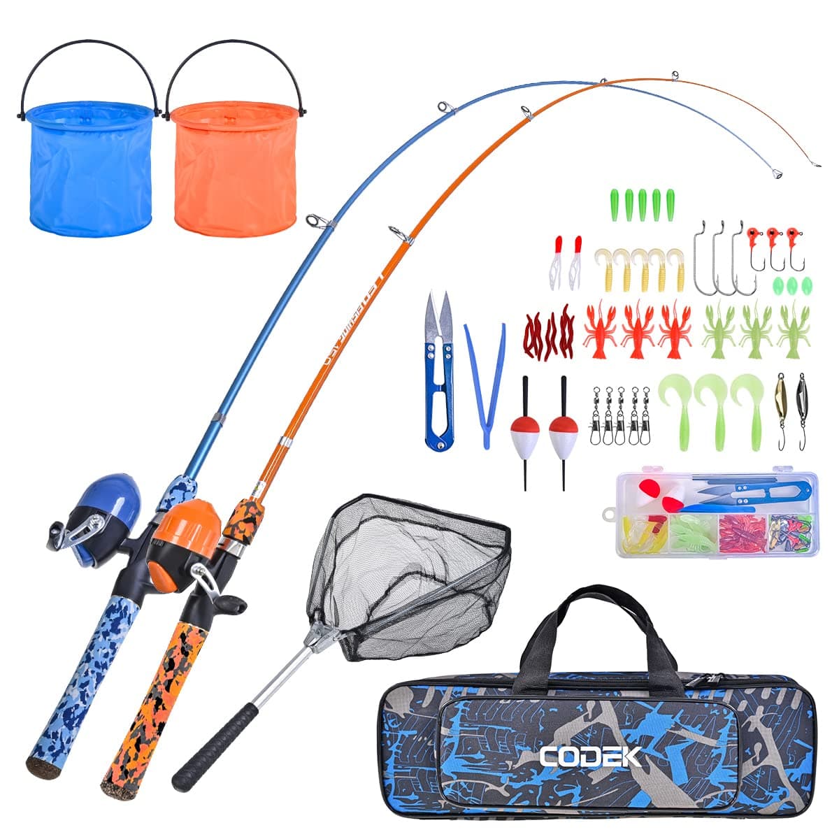 CODEK Kids Fishing Pole Set with Full Starter Kits 2 Set Portable Telescopic Fishing Rod and Spincast Reel Cambos with a Fishing Net and 2 Buckets for Boys Girls and Youth