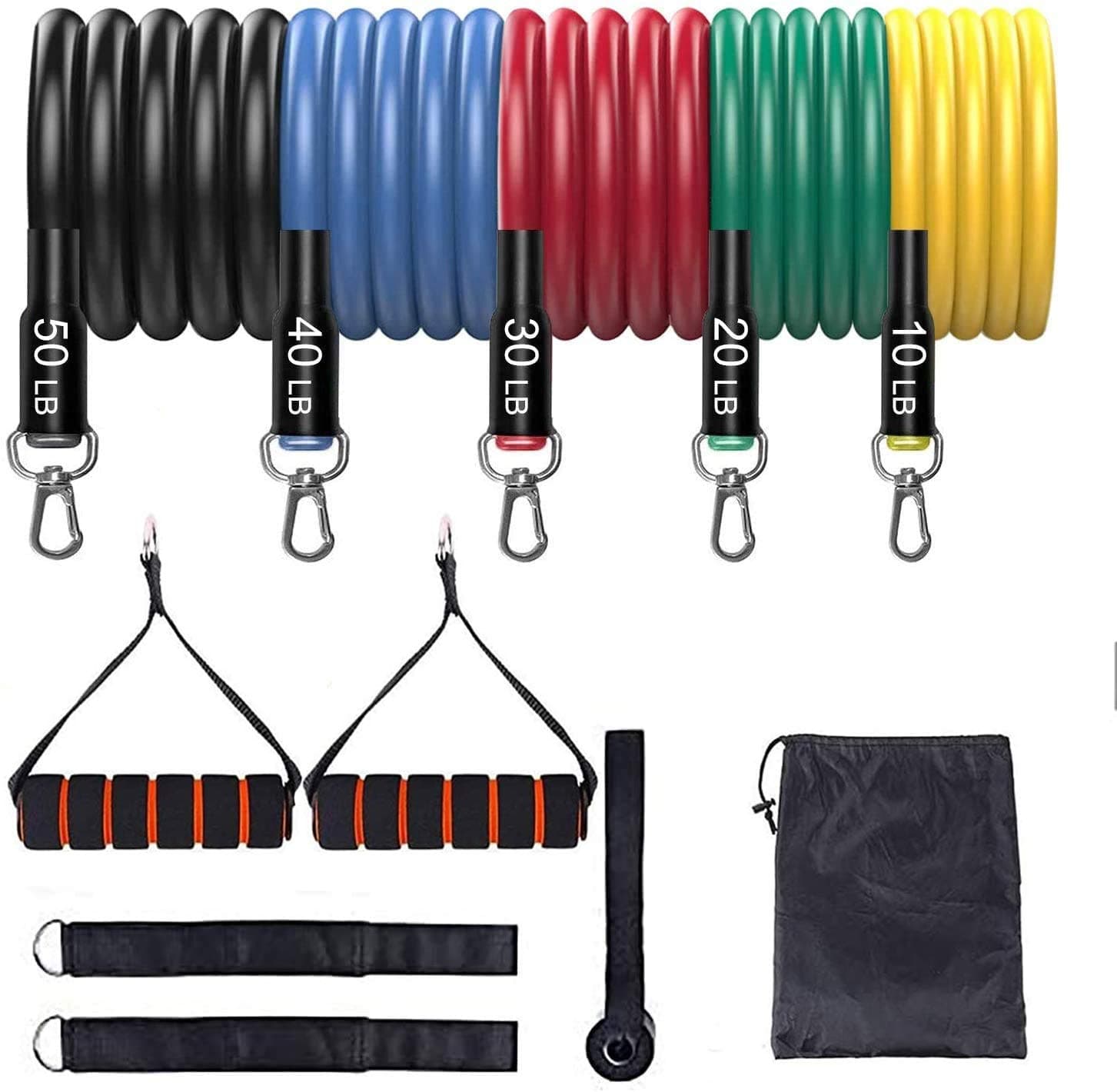 Agedate Resistance Bands Set (11pcs), 5 Stackable Exercise Bands with Door Anchor, 2 Handles, 2 Ankle Straps & 1 Carry Bag - for Home Workouts, Physical Therapy, Resistance Training (11PCS)