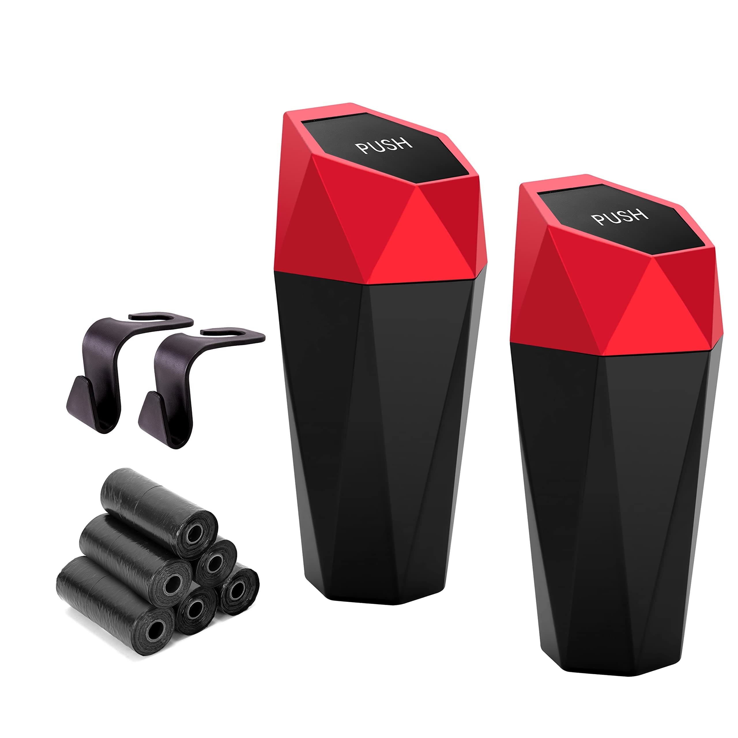 Ginsco Car Trash Can Cup Holder, 2 Pack Mini Car Trash Can with Lid, Car Accessories for Interior, Leakproof Small Trash Cup for Car, Home with Additional 2 ABS Hooks and 90pcs Trash Bags Red