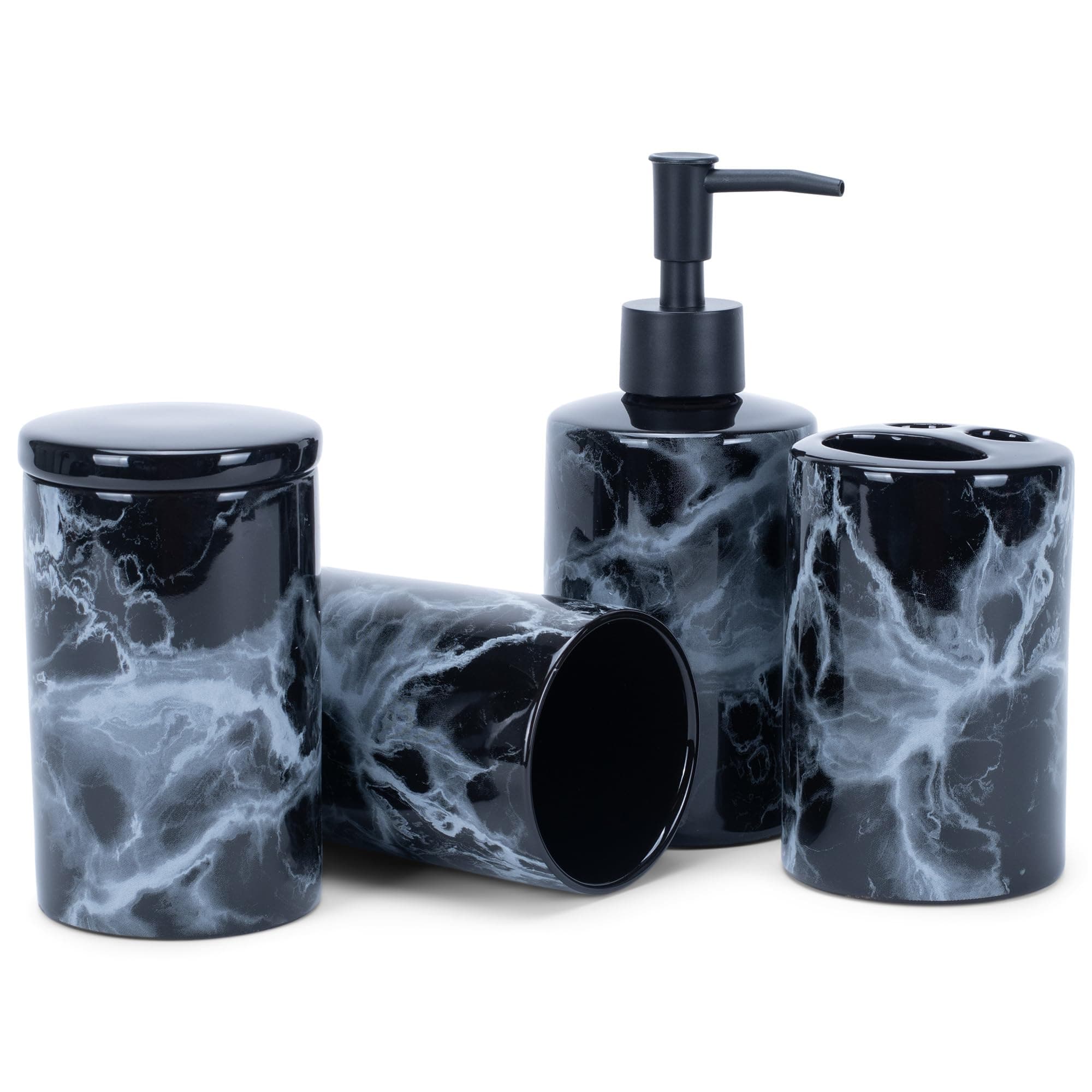 NAT & Jules Chic Modern Rounded 4.5 inch Ceramic Bathroom Accessories Set of 4 - Home Décor & Organization Perfect for Bath or Kitchen Household Essentials, Marbled Black and White