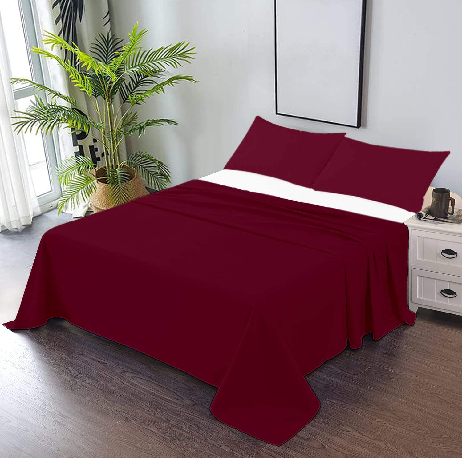 CCWB 3PC Flat Sheet Set Full Burgundy100% Egyptian Cotton 600 Thread Count Flat/Top Sheet and 2PC Pillowcases (Full, Burgundy)