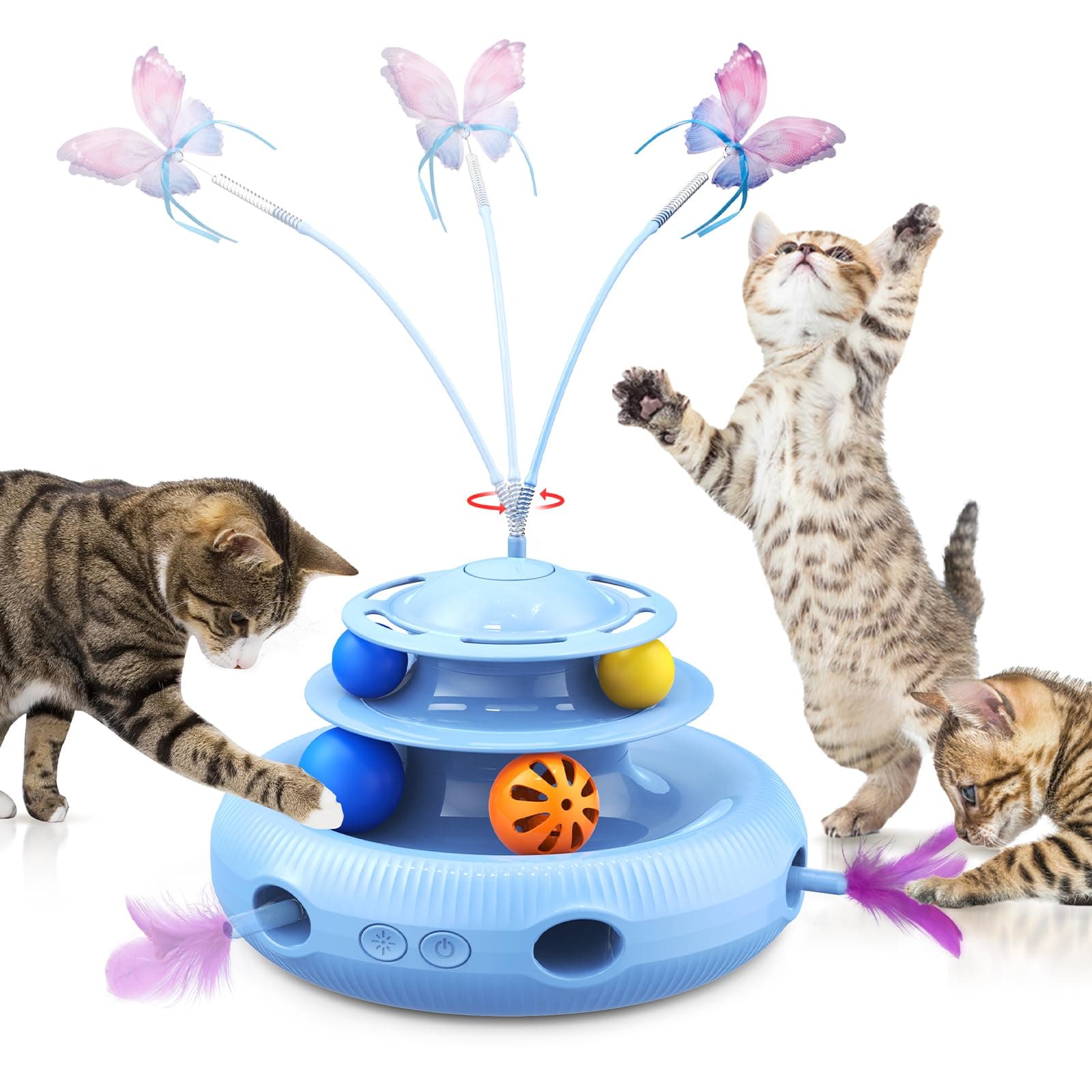 AIDIAM Cat Toys, 4-in-1 Rechargeable Automatic Interactive Cat Toy with Fluttering Butterfly, Random Moving Ambush Feather, Two-Tier Track Balls, 5H Smart Standby, Touch-Activated (Blue)