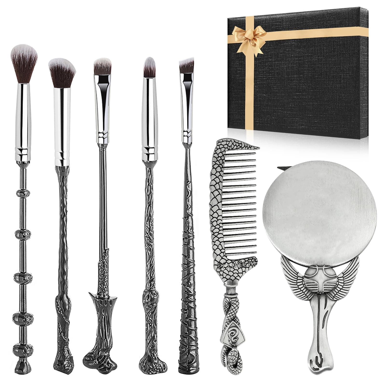 [7 PCS] Harry Makeup Brush Gift Set, With Silver Mirror, Comb, Handle Wizard Wand for Foundation Blush, Eyeshadow, Face Concealer, Eyeliner Contour, Powder Liquid Eye, Harry Gift for Girls Women