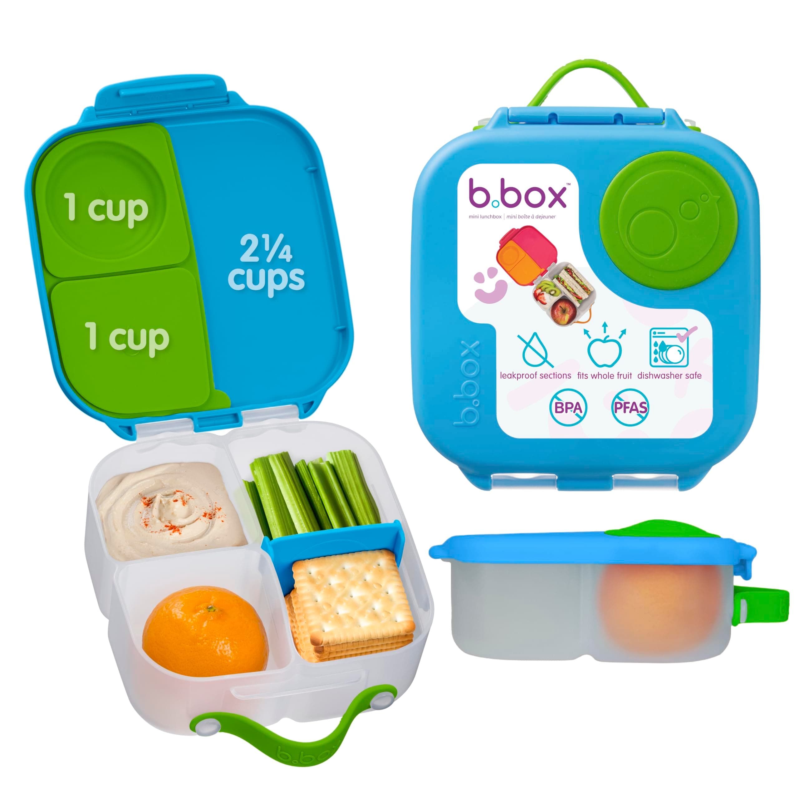 Mini Lunch Box - 4.25 Cup Leak Proof Bento Box for Kids Ages 3+, 3 Compartment Snack Containers, School Lunch Container, Dishwasher Safe, BPA-Free, PFAS-Free - Ocean Breeze