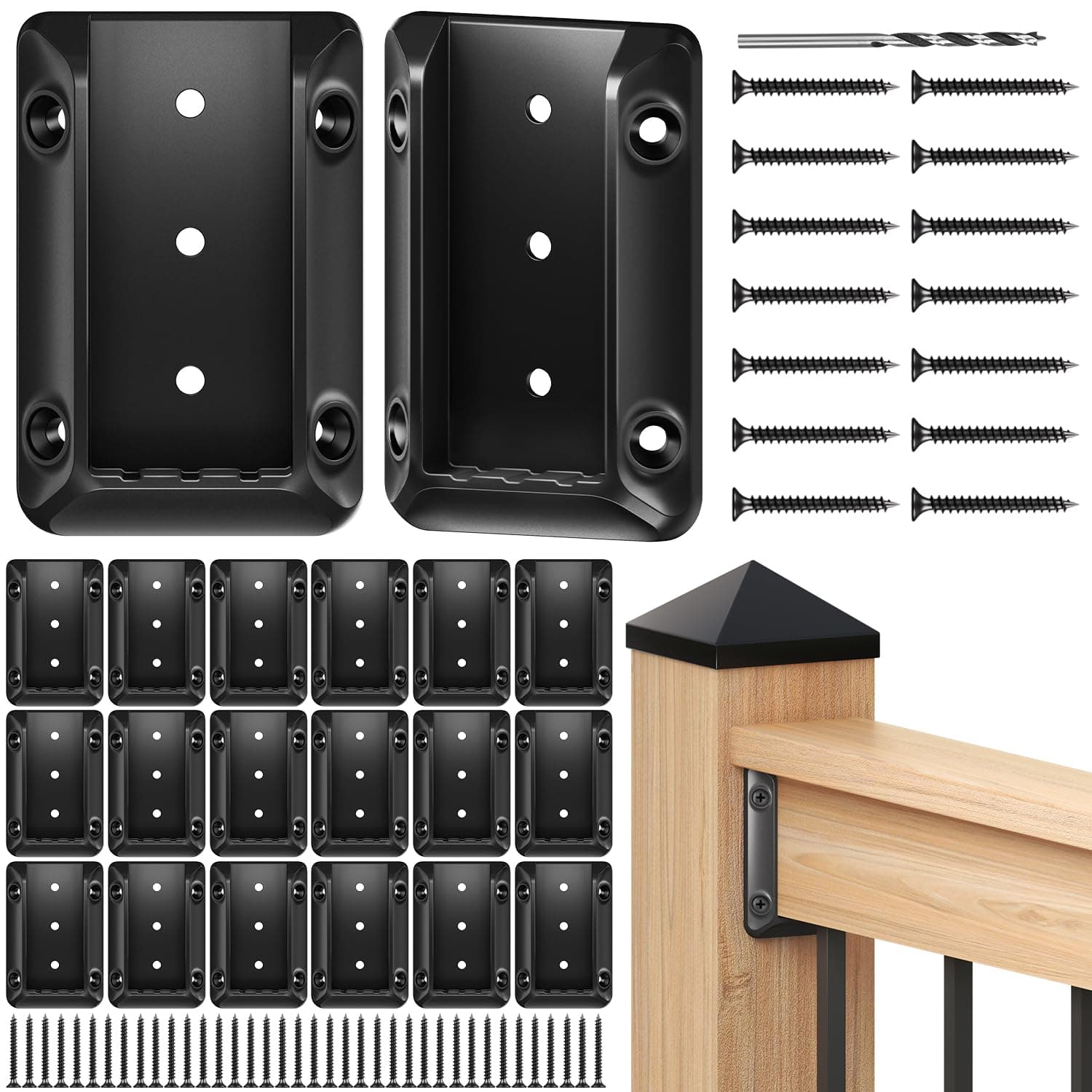 20 Pack Deck Railing Bracket Connectors for 2"x4" (Actually 1.5"x3.5") Wooden Post, Premium Nylon 6/6 Rail Bracket with 140 Sturdy Galvanized Black Screws for Stair Fence Railings Handrail
