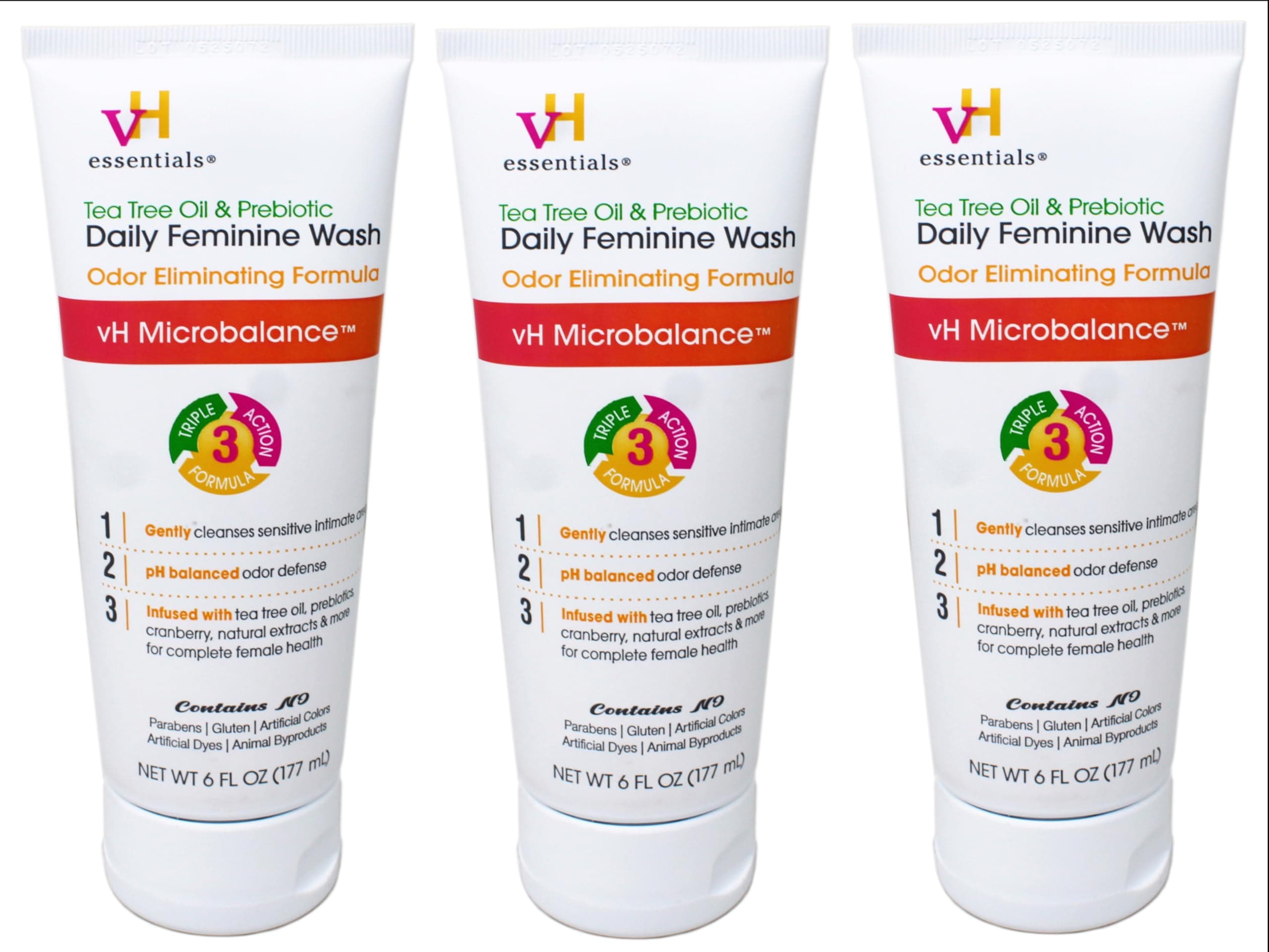 vH essentials Intimate Feminine Wash, pH Balanced with Tea Tree Oil, Cranberry, Prebiotics Odor Eliminating Formula, 6 FL OZ - 3 Pack