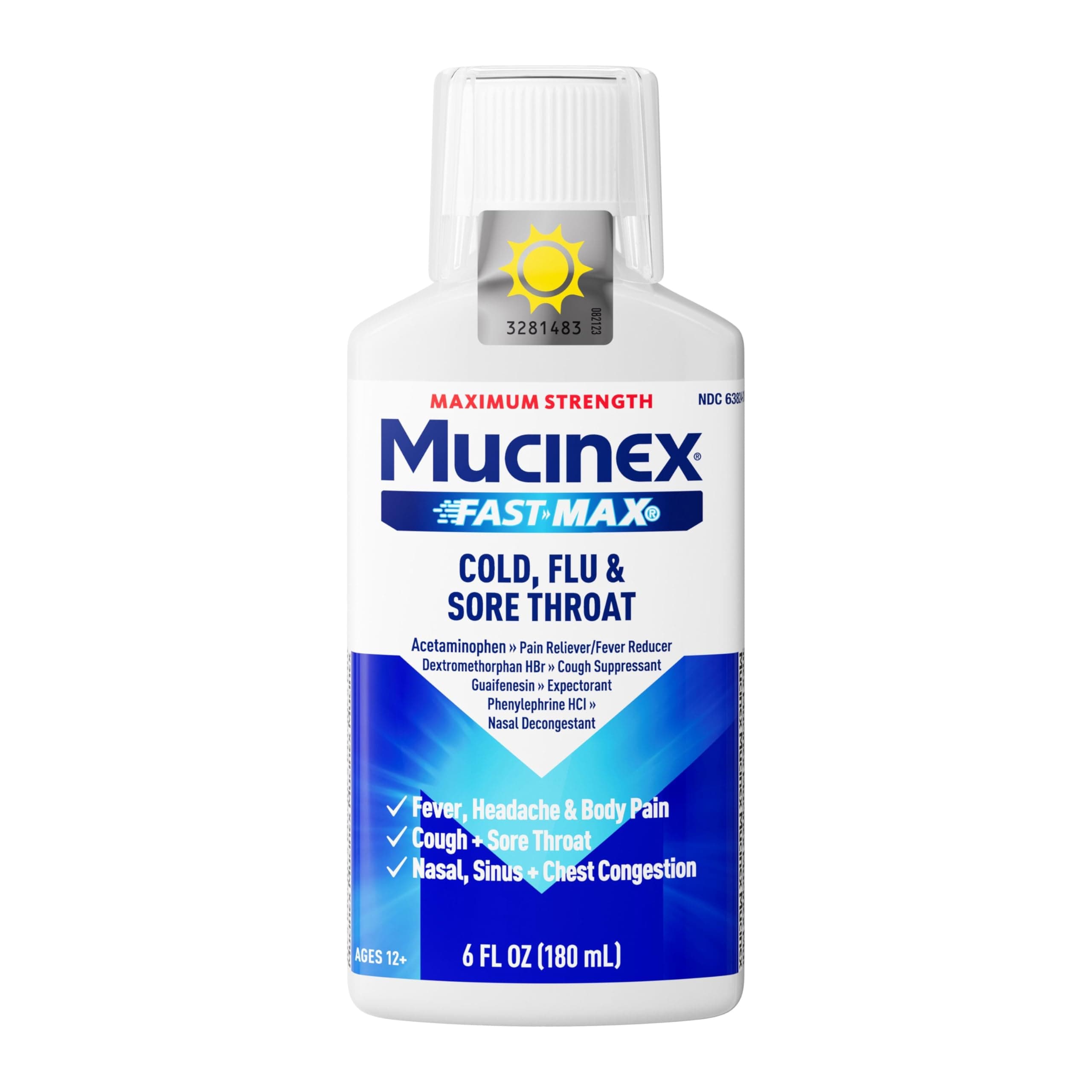 Mucinex FastMax Cold Flu Sore Throat Relief Liquid Fluid Ounce, 6 Fl Oz