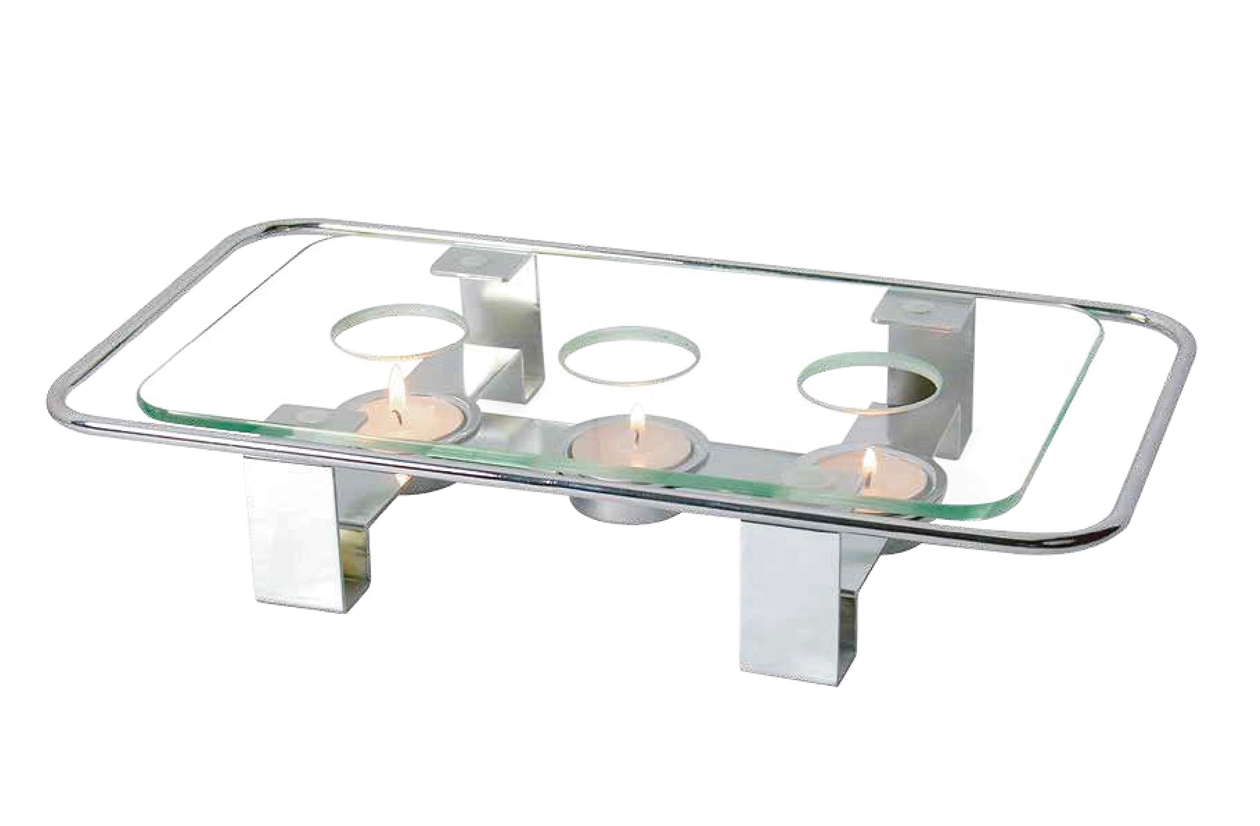 NewlineNY Chrome Plated Glass Dish Warmer, Rectangular Glass-Top 3 Holes Tea Light Votive Candle Goumet Food Warmer