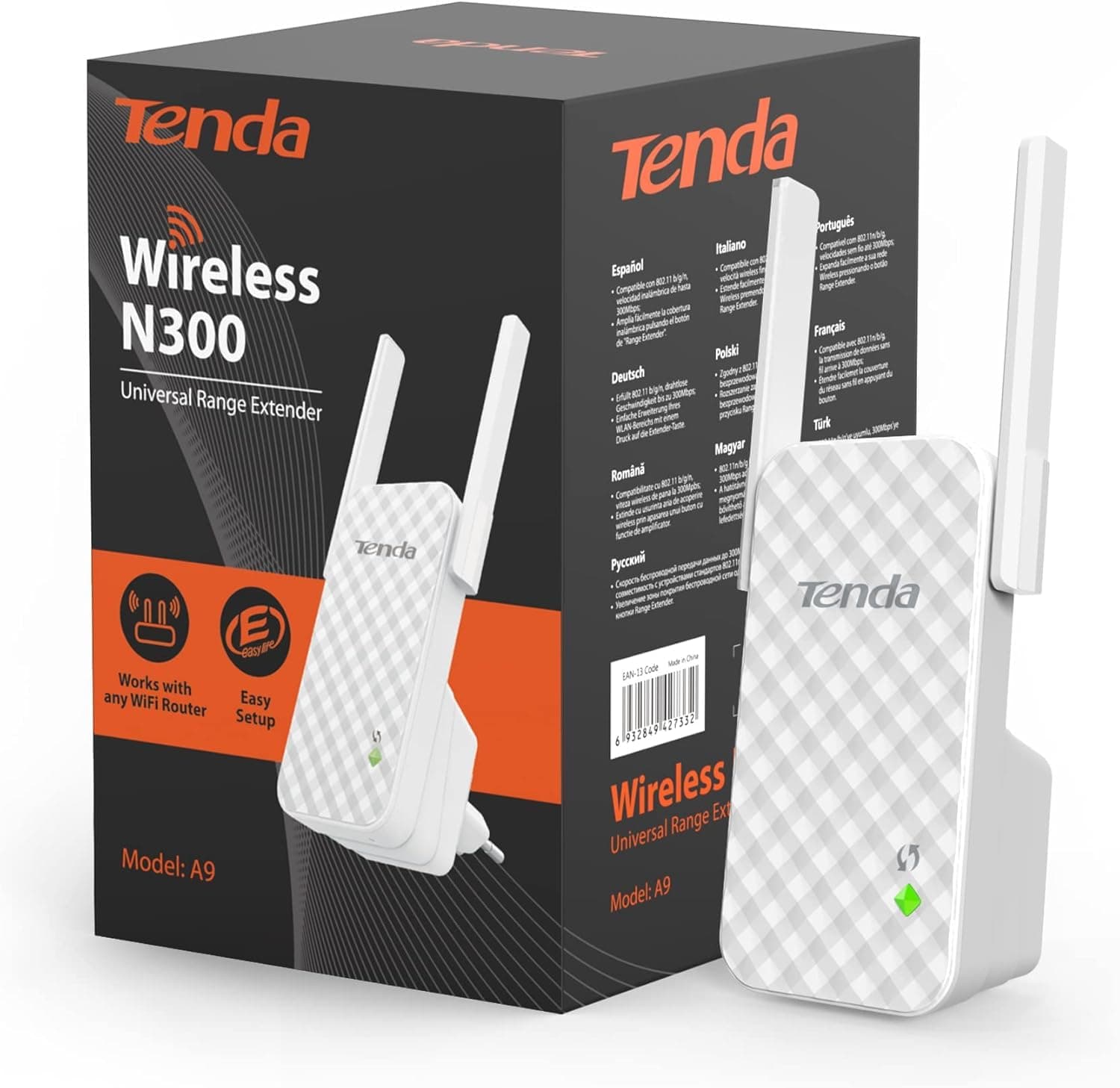 Tenda A9 network extender Network transmitter & receiver Grey, White