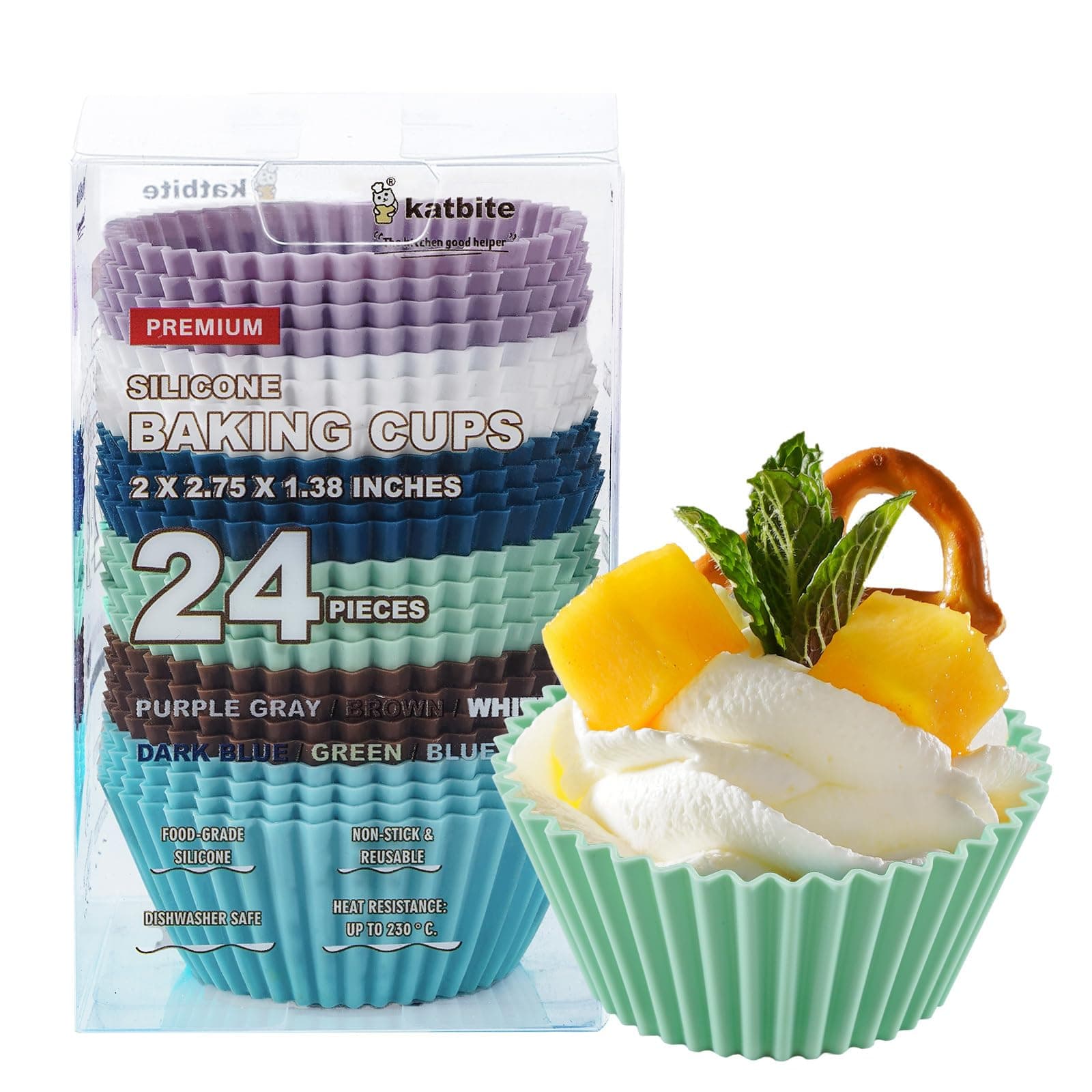 Silicone Cupcake Baking Cups Katbite 24 Pack Silicone Baking Cups Reusable Non-stick Heavy Duty Cupcake Liners for Baking Soft Pale Muffins Cups for Party Halloween Christmas