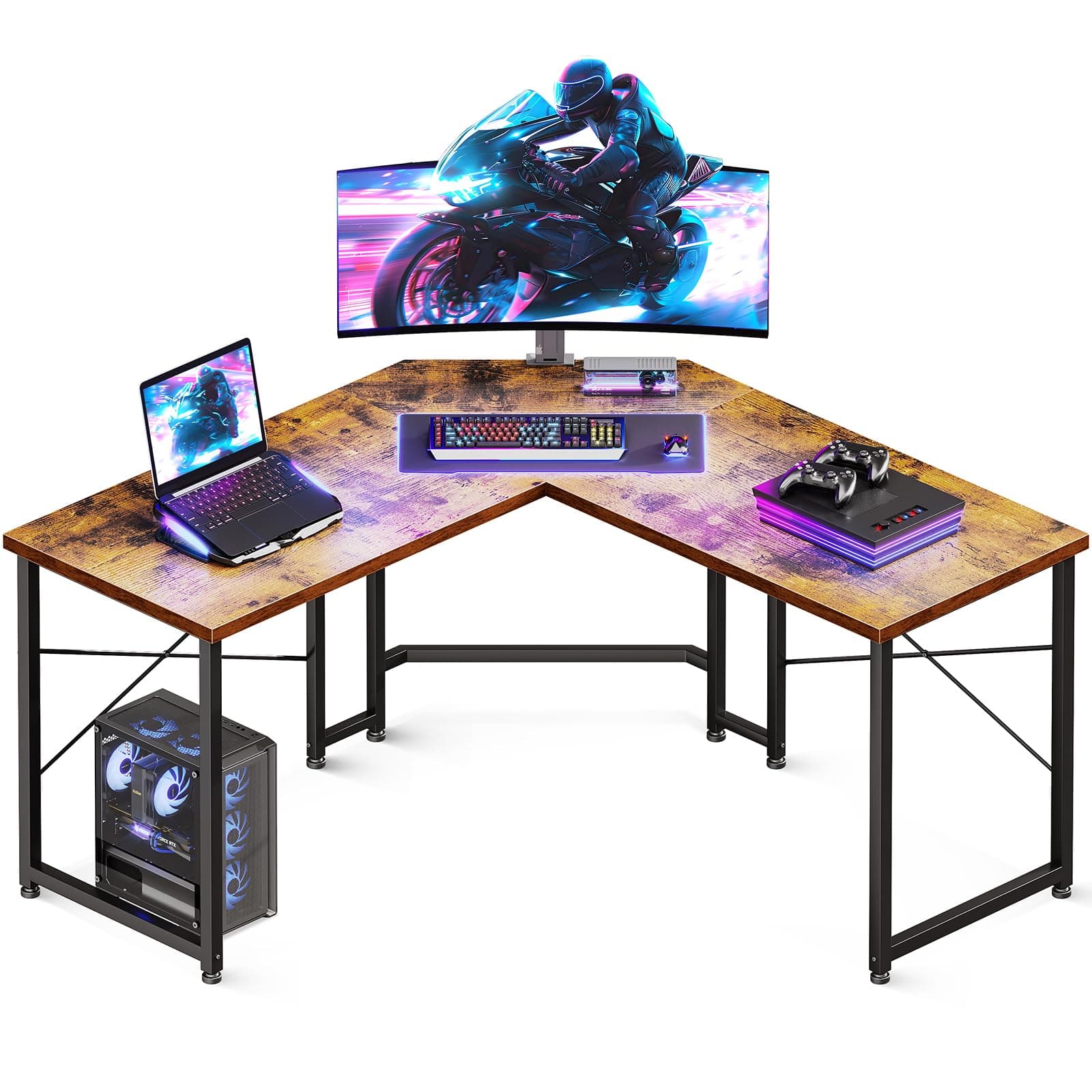 Casaottima 51 Inch L Shaped Gaming Desk, Compact Corner Computer Table, Writing Workstation for Small Spaces, Home Office & Streaming Setup, Easy Assembly, Vintage