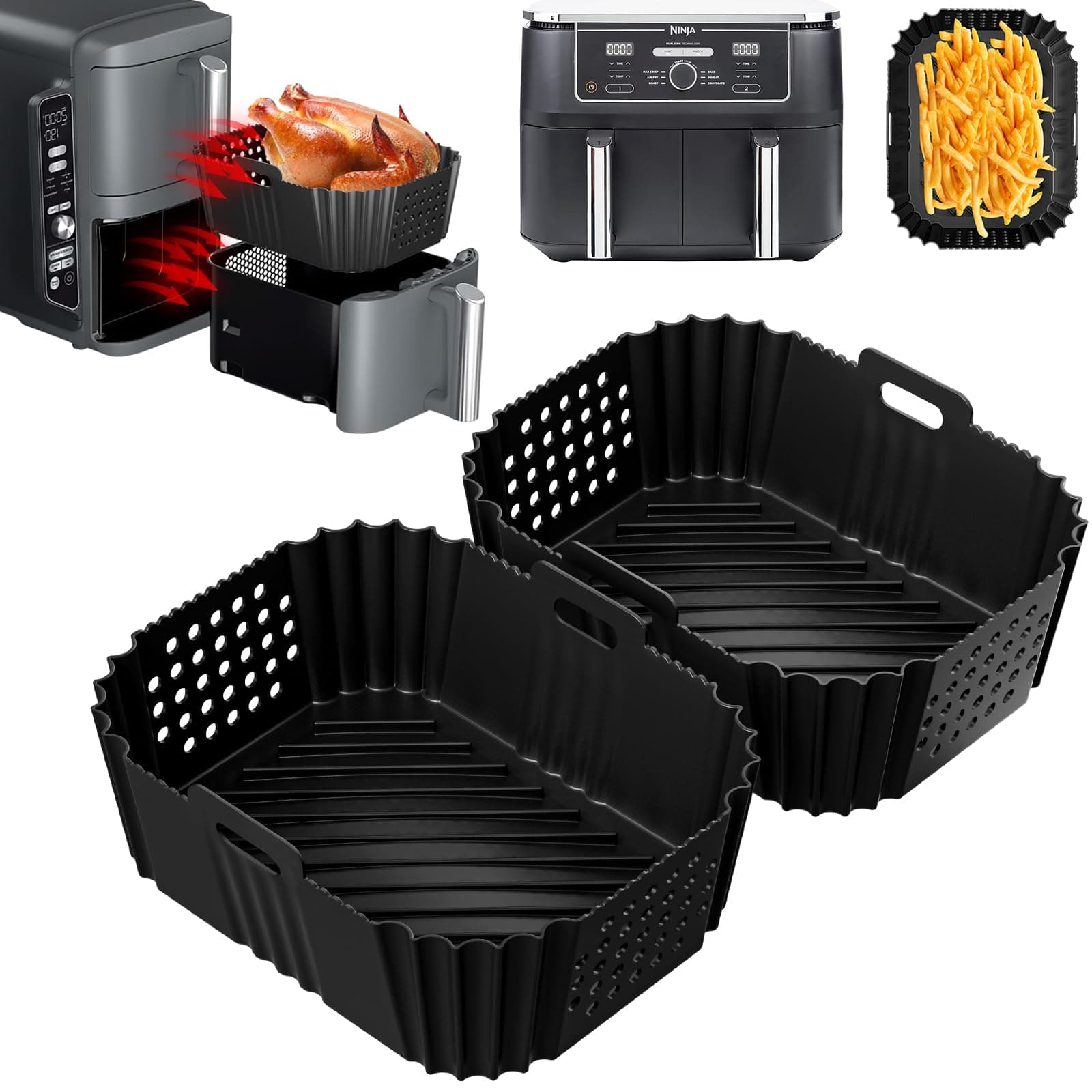 Dzpuhuojz 2Pcs Silicone Air Fryer Liners for Ninja Double Stack XL 9.5L Air Fryer SL400UK, Air Fryer Accessories for Foodi Max Dual Zone AF400EU / AF300EU 7.5L, Airfryer Trays for Tower Dual Baskets
