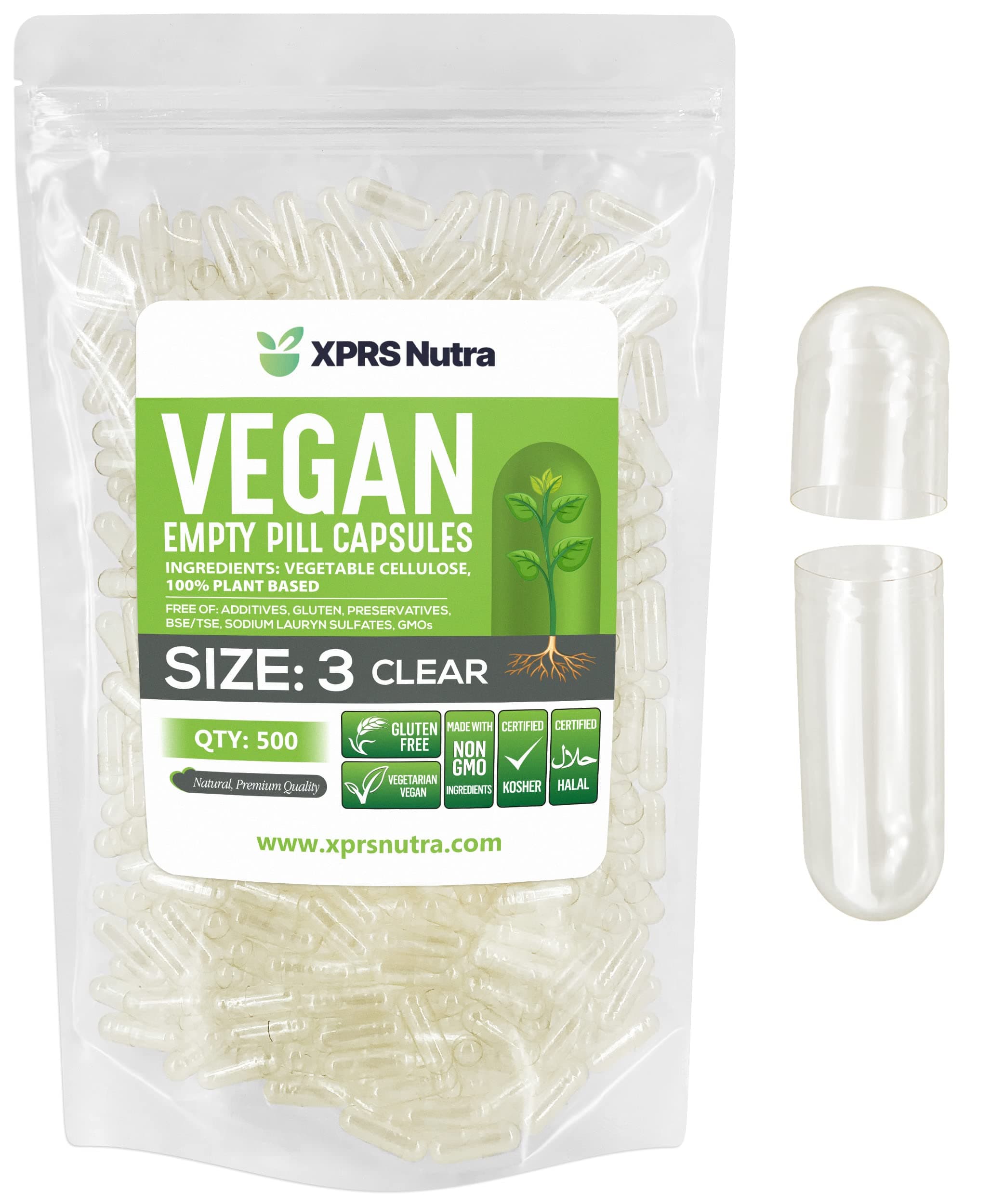 XPRS Nutra Size 3 Empty Capsules - 500 Count Clear Empty Vegan Capsules - Vegetarian Pills - DIY Vegetable Capsule Filling - Veggie Pill Caps