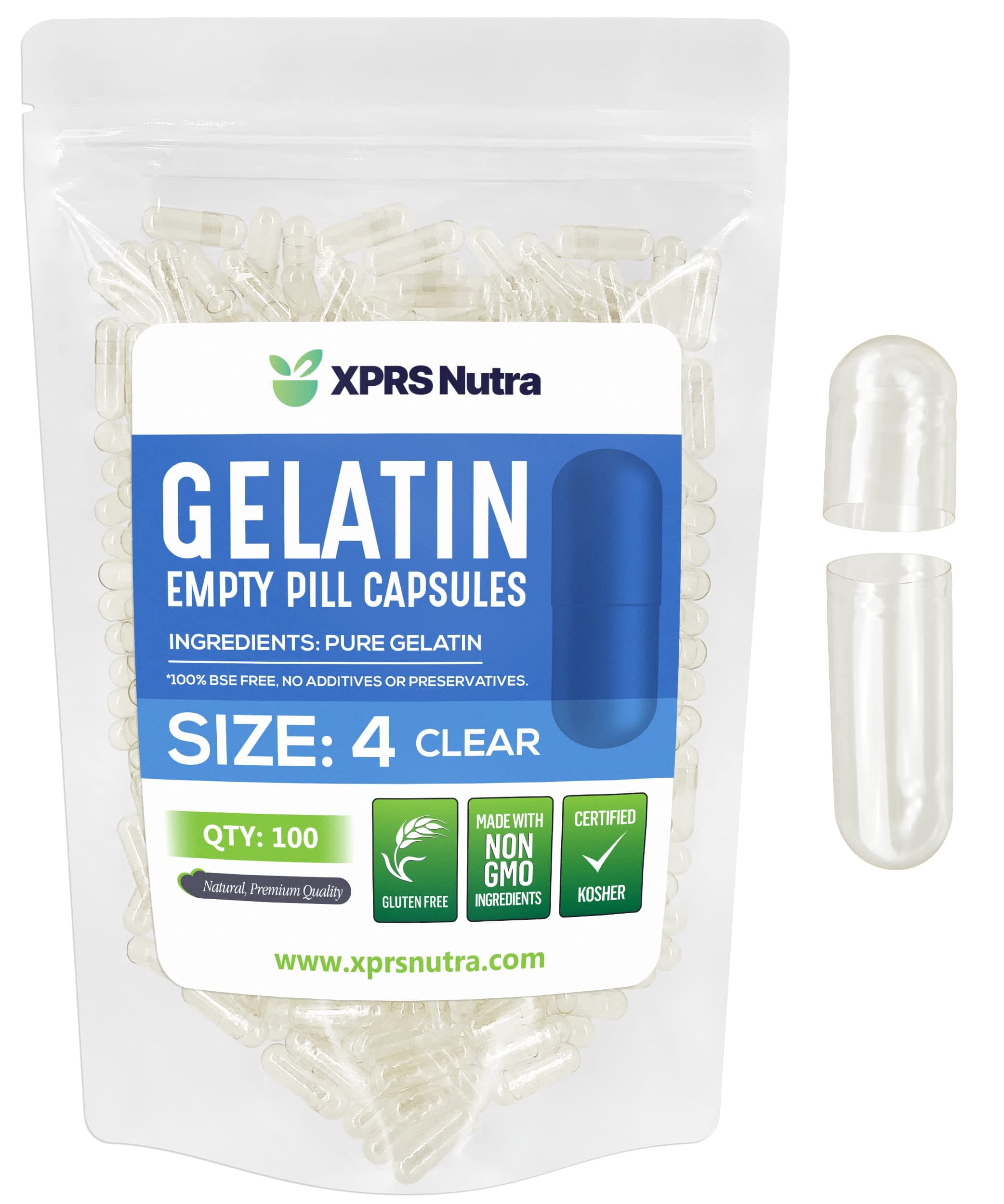 XPRS Nutra Capsules Express- Size 4 Clear Empty Gelatin Capsules 100 Count - Kosher and Halal - Pure Gelatin Pill Capsule - DIY Powder Filling