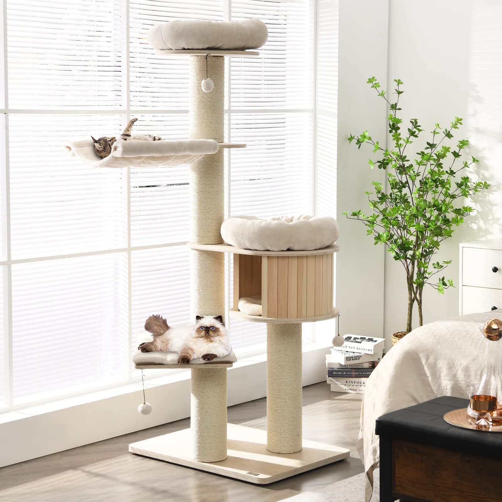 Tangkula Modern Cat Tree, Multi-Level Large Cat Tower with Condo, Hammocks & Hanging Basket, Tall Cat Tree with Sisal Posts, Washable Cushions, Wood Cat Trees and Towers for Indoor Large Cats