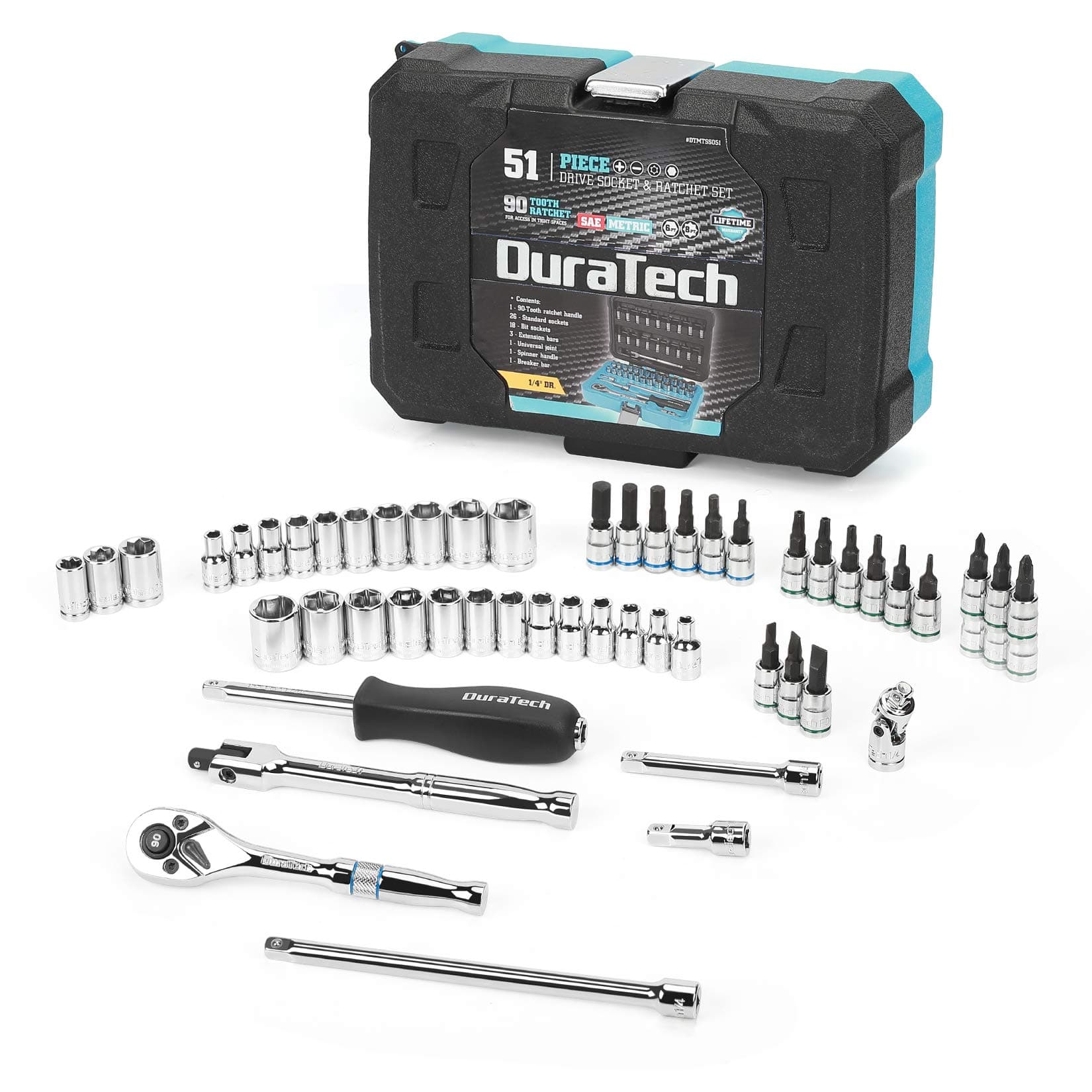 51-Piece Socket Set, 1/4" Drive Standard and Bit Sockets with 90T Quick-Release Ratchet, Metric/SAE, Hard Case Included, for Auto, Moto Repairing & Household