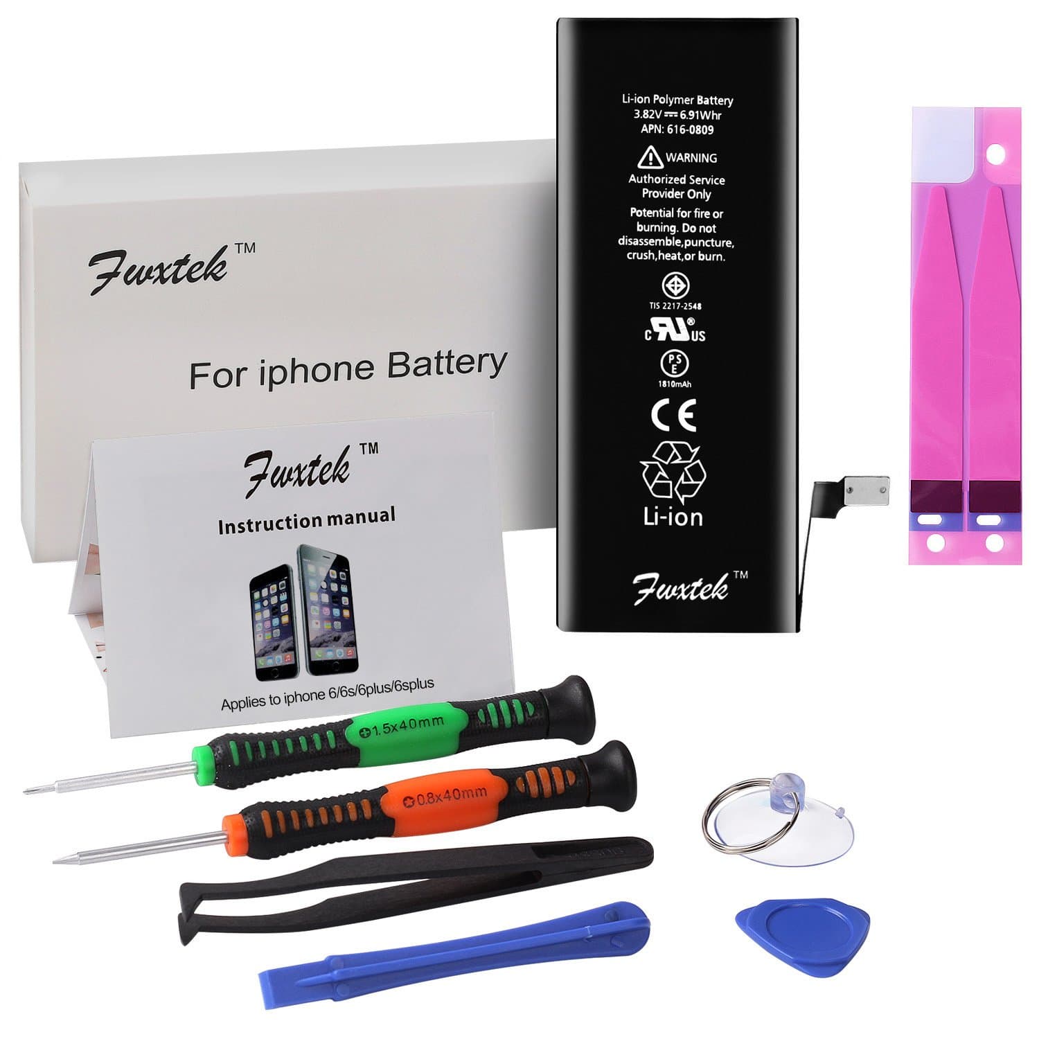 Battery Charger Internal Li-ion Replacement for IP 6 (Not 6 Plus, 6S or 6S Plus) with Complete Repair Tools Kit and Instructions by Fwxtek - 2 Year Warranty