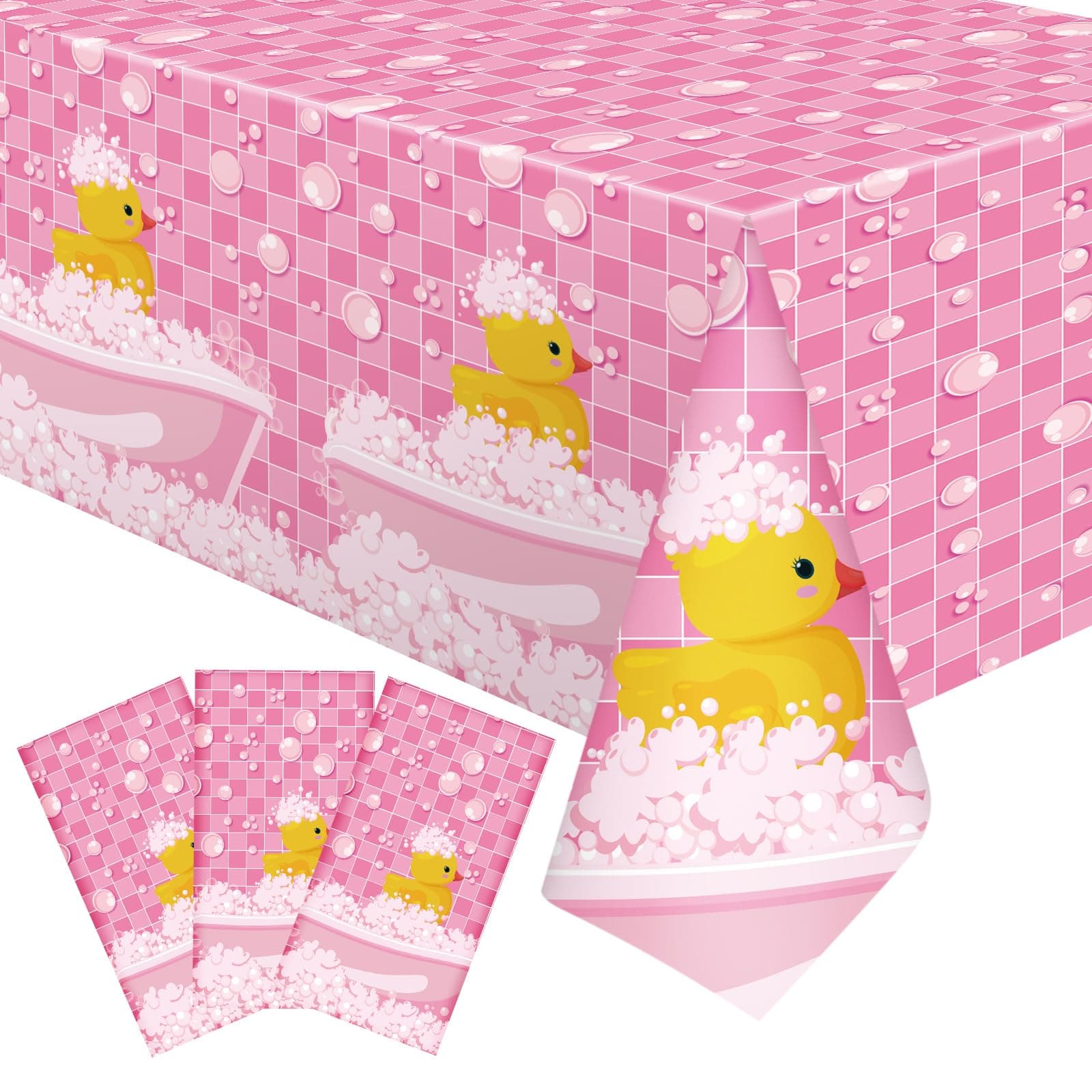 Oudain 3 Pcs Plastic Yellow Duck Tablecloth Disposable Cute Bubble Rubber Yellow Ducky Table Cover for Birthday Party Decorations Supplies, 51 x 86.6 Inch (Pink)