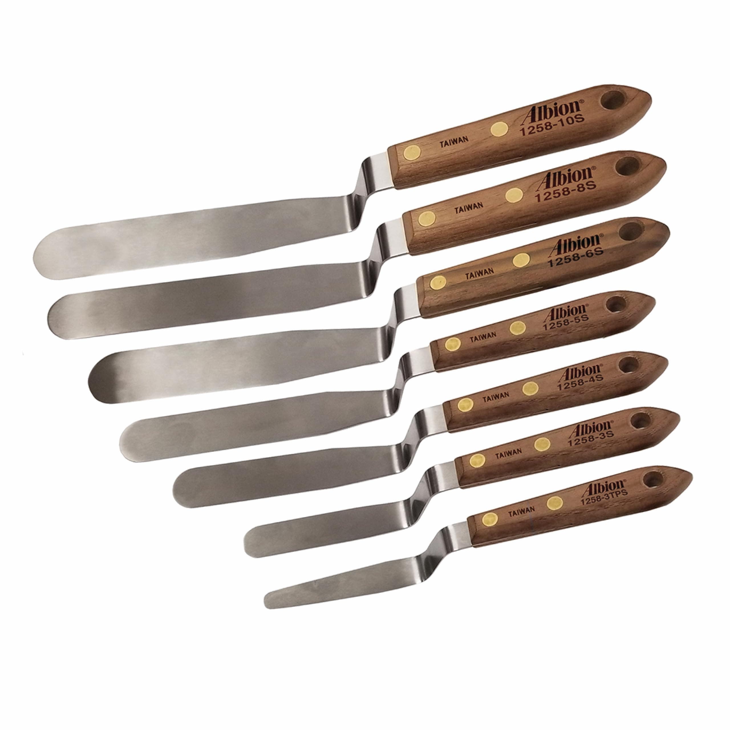 Engineering 1258-G01 7-Piece Classic Offset Caulk Tooling Spatula Set, Stainless Steel with Hardwood Handle