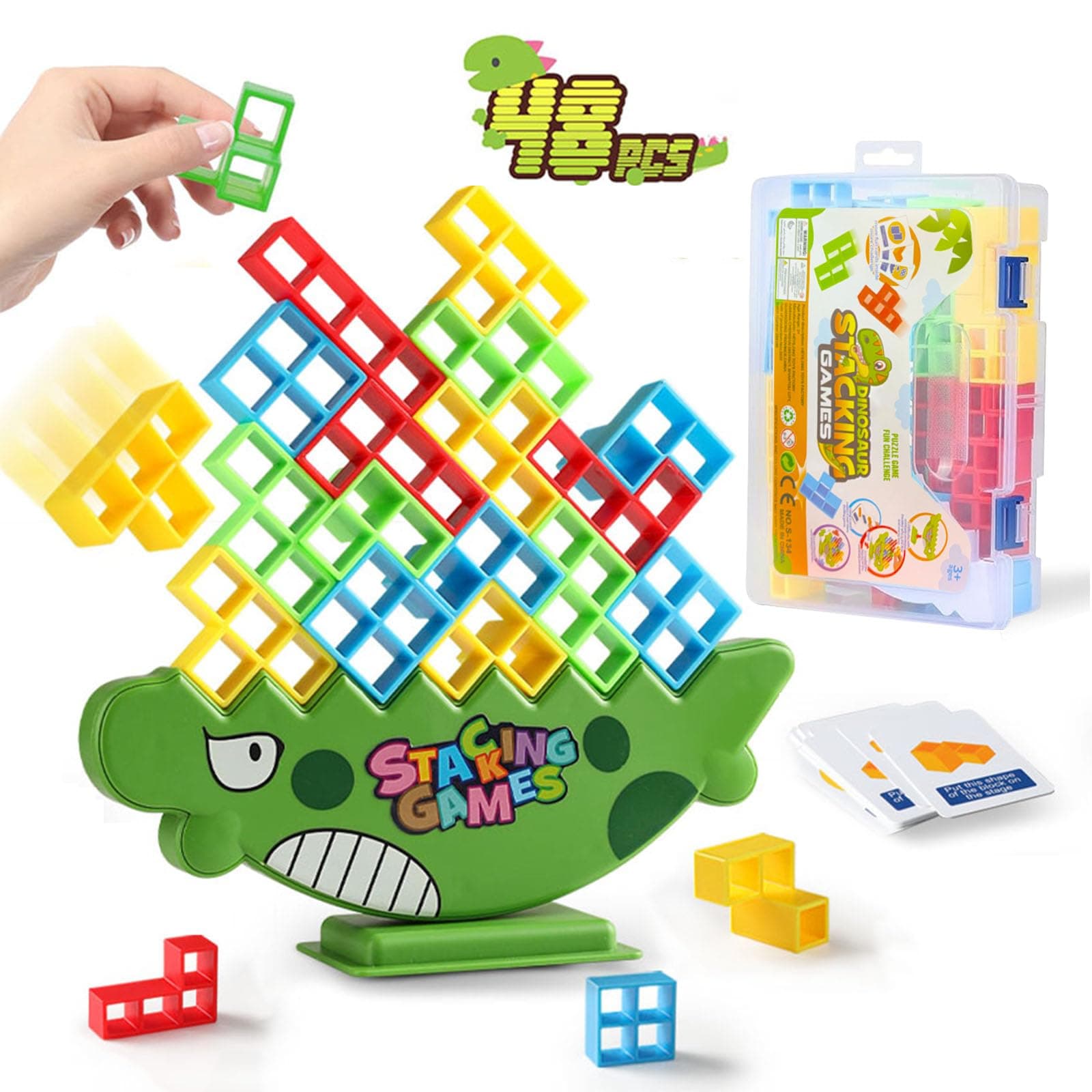 Tetra Tower Game, Stack Attack Family Board for 2 Players+ and Multiple Gameplay Games, 48PCS Dinosaur Tetris Stacking Balance Game Toys for Kids,Adults,Team Activity and Travel Party Game