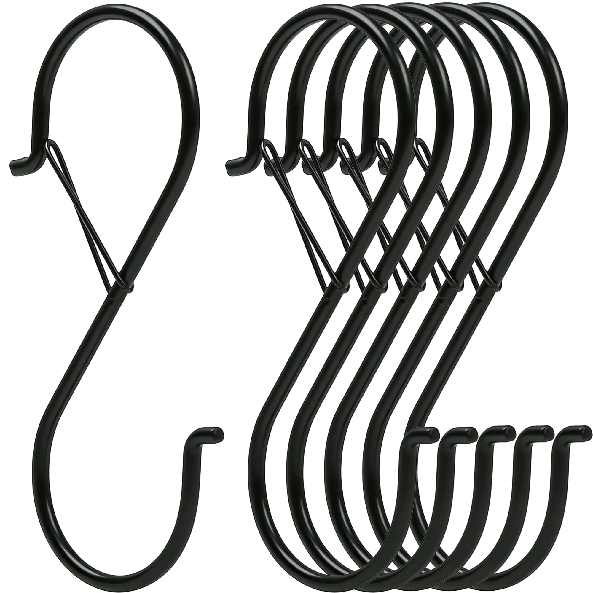 6 Pack 5 Inch S Hooks for Hanging, Heavy Duty S Hooks with Safety Buckle, S Shape Hooks for Hanging Kitchen Utensils, Pots and Pans, Cups, Plants, Clothes and Bags, Black