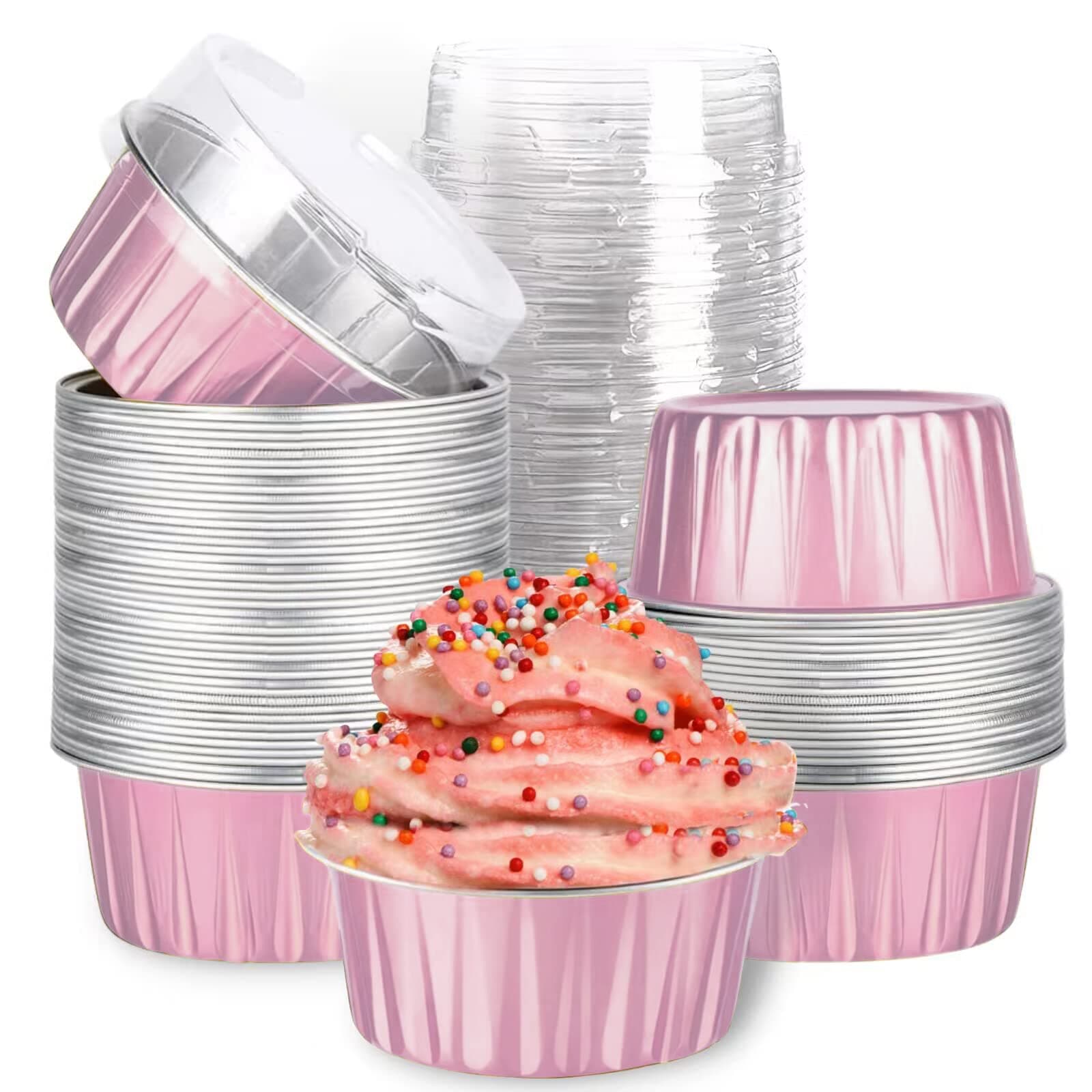 Mini Aluminum Foil Cupcake Baking Cups with Lids (40pcs, 5oz) Round Cupcake Foil Liners Tart Pie Tin Pan Holder - Disposable Mini Cake Containers Flan Molds for Pudding, Souffle, Party, Wedding