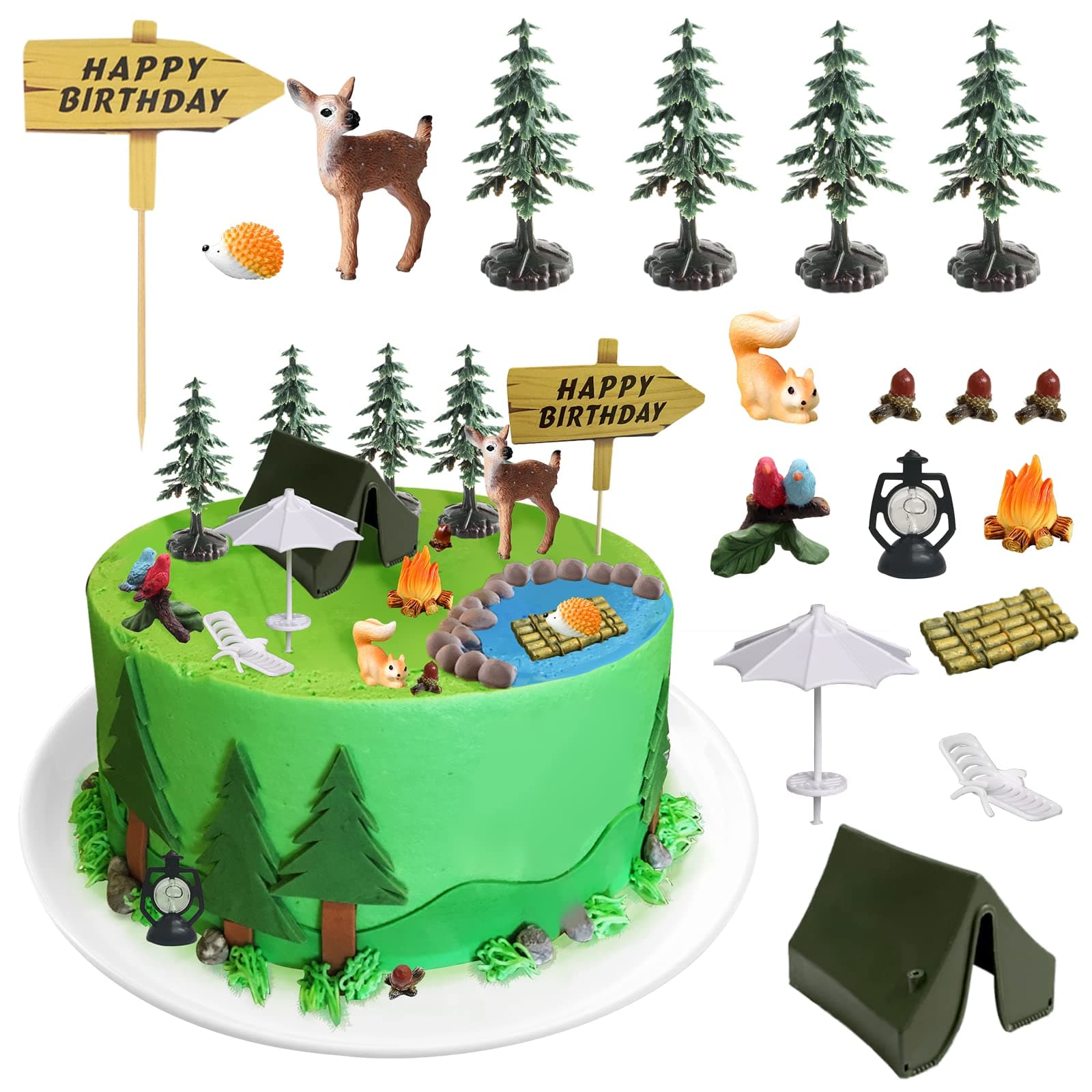 17 Pieces Camping Cake Topper Include Bonfires Squirrels Deer Birds Bamboo Raft Tent Umbrella Camping Party Cake Decorations for Forest Woodland Camping Theme Kids Happy Birthday Decorations