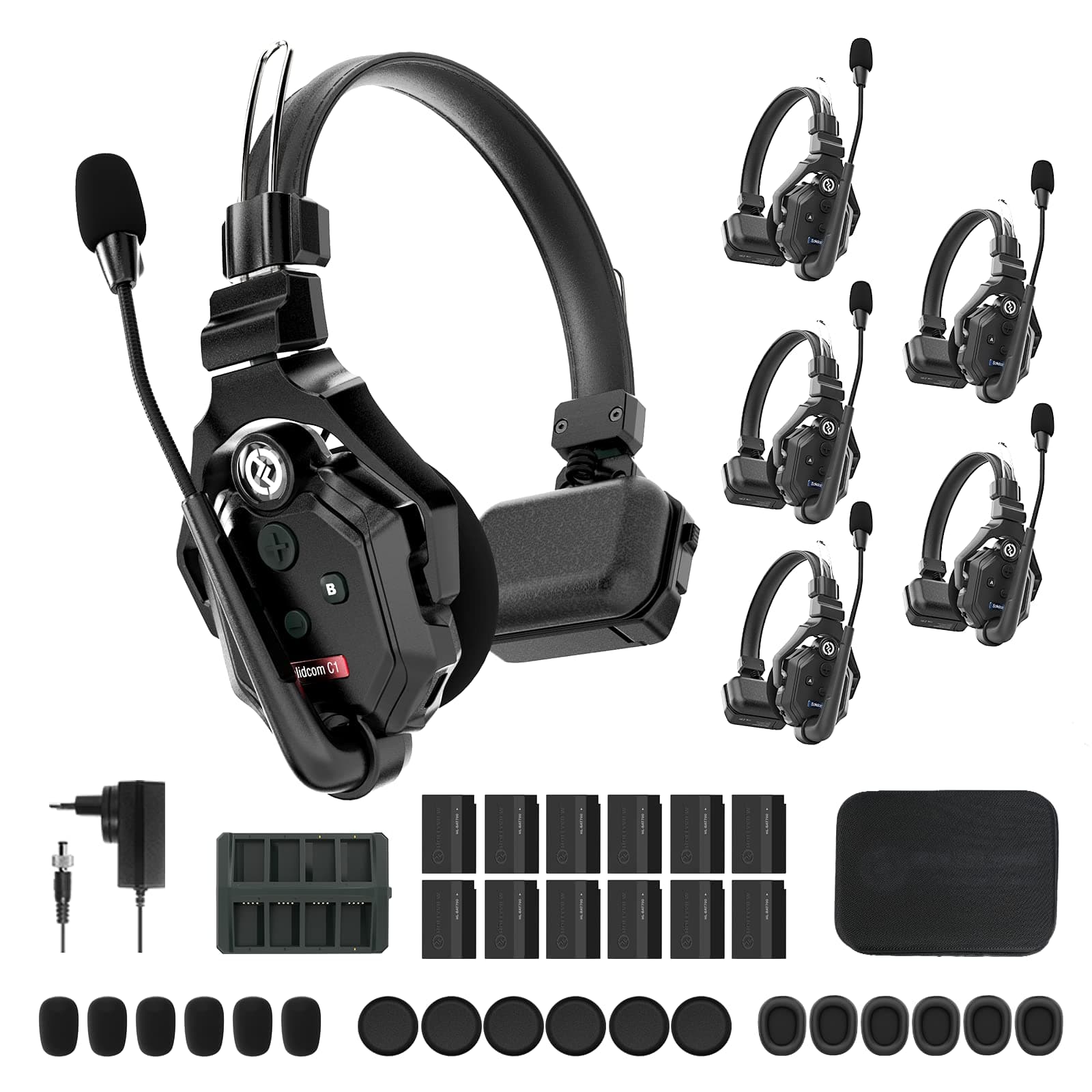 Hollyland Solidcom C1 Wireless Headset Intercom System 6-Person Full Duplex 1000ft Team Communication Group Talk Single-Ear Headset with 1 Master & 5 Remote Headsets