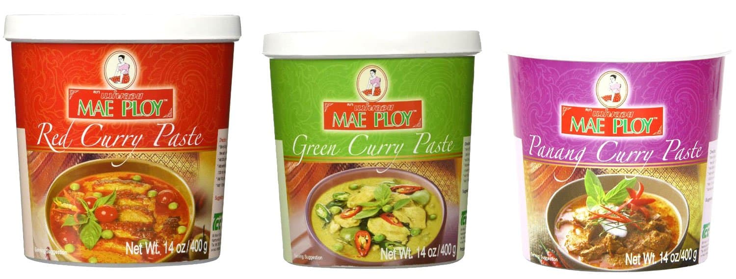 Mae Ploy Red Curry Paste, Green Curry Paste and Panang Curry Paste Set. Great Cooking Gift.
