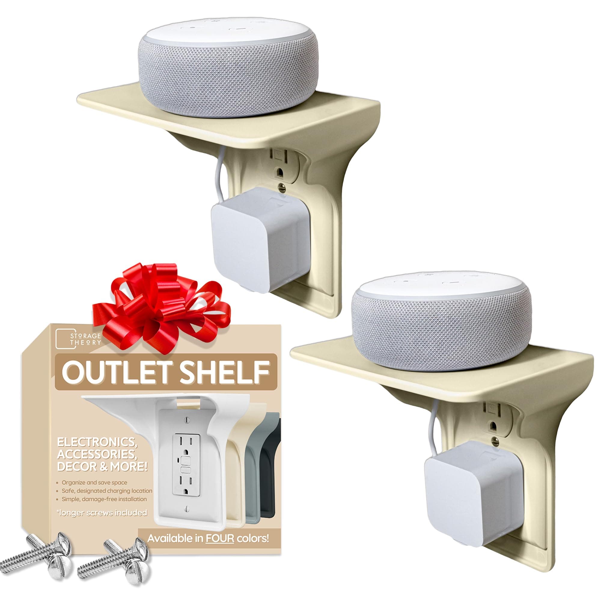 Storage Theory Power Perch Outlet Shelf with Cord Storage Strap – Bathroom Shelving for Electric Toothbrush, Alexa Stand – Holds Smart Speaker, Cell Phone – Easy Installation (2-Pack, Almond)