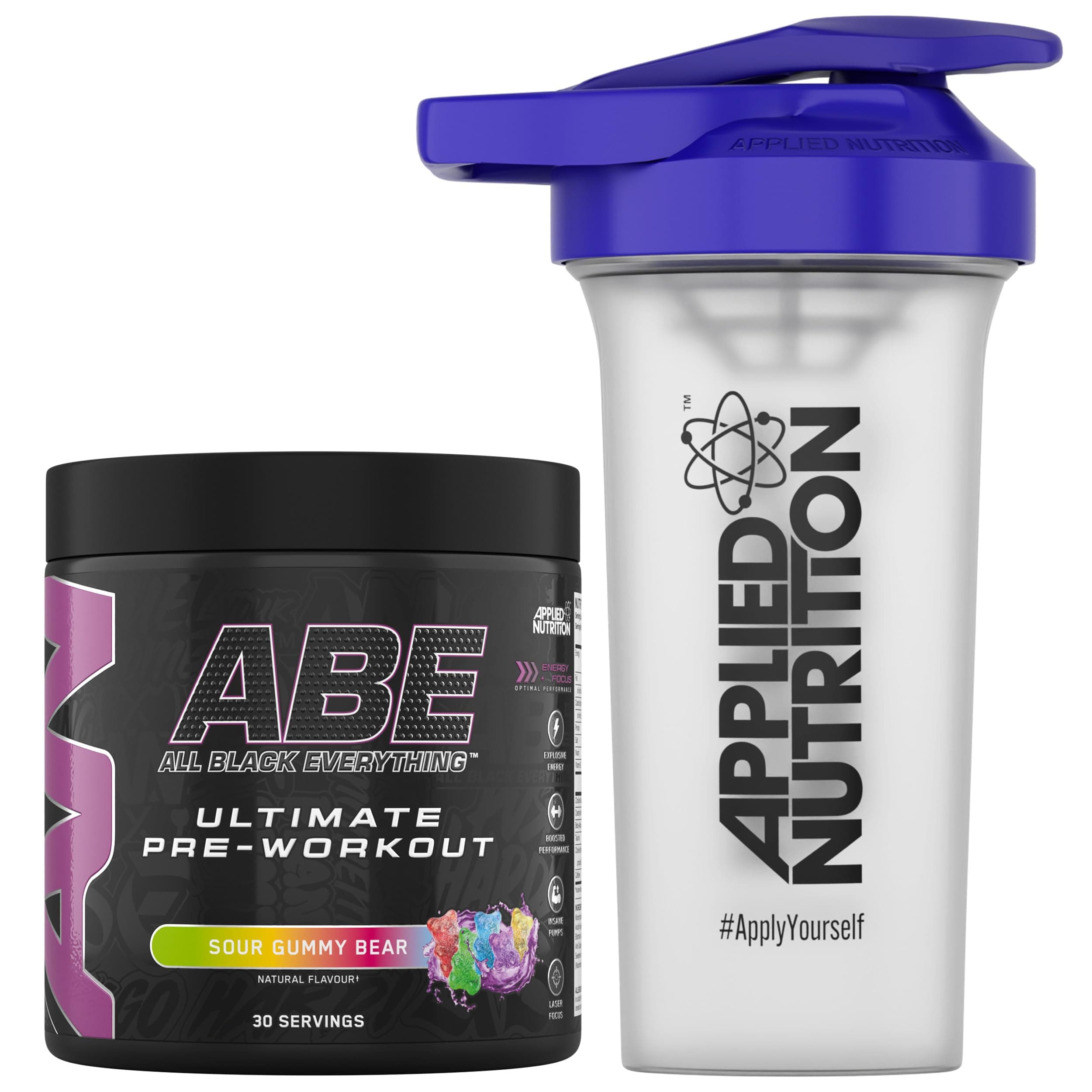 Bundle ABE Pre Workout 375g + 700ml Protein Shaker | All Black Everything Pre Workout Powder, Energy & Physical Performance with Creatine, Beta Alanine (Sour Gummy Bear)