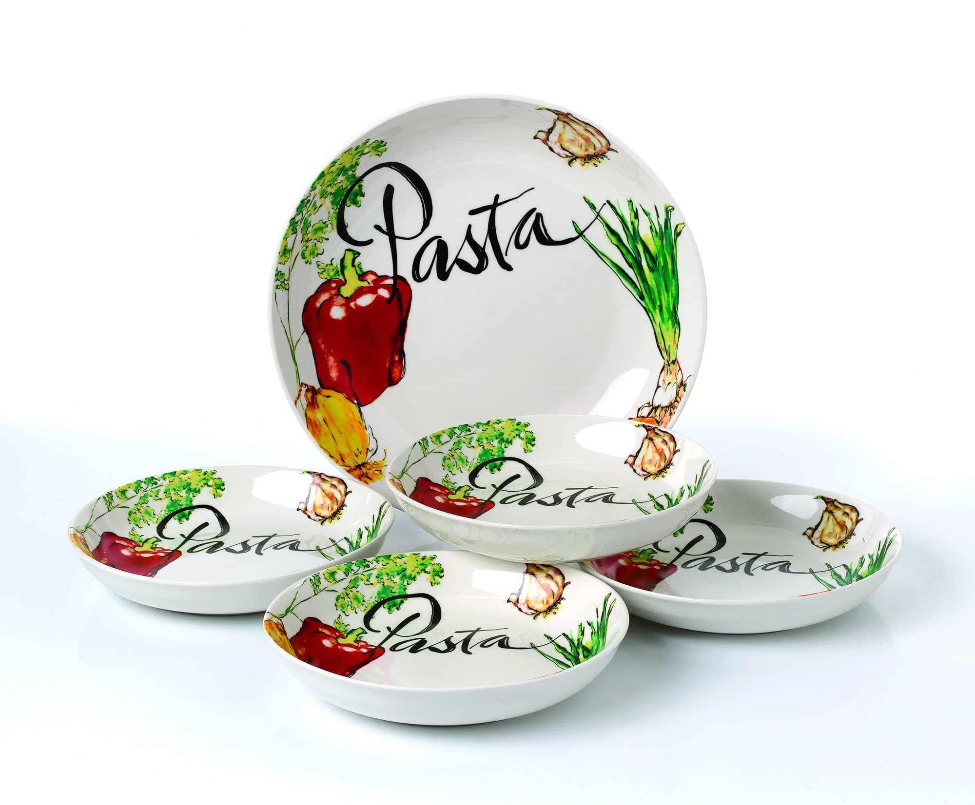 Lorren Home Trends 5Piece Porcelain Pasta Set Vegetable Design, Multicolor