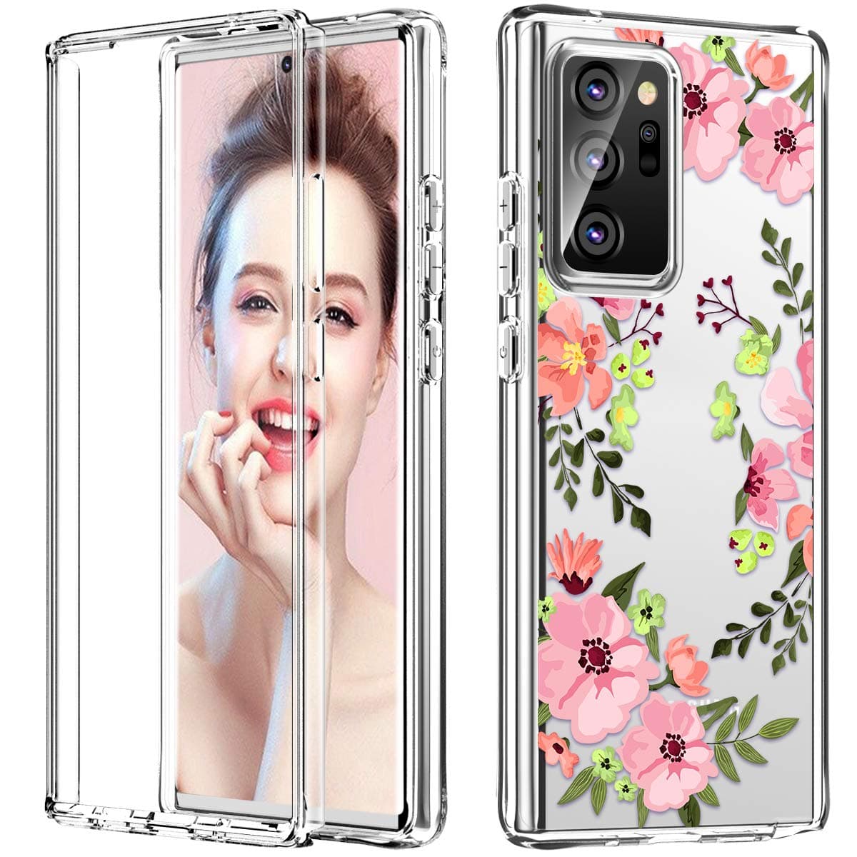 Hocase Galaxy Note 20 Ultra Case, Shockproof Anti-Scratch Soft TPU Black Cover+Hard Front Casing 2-Piece Protective Case for Samsung Galaxy Note 20 Ultra (6.9-inch) 2020 - Clear Flower Design