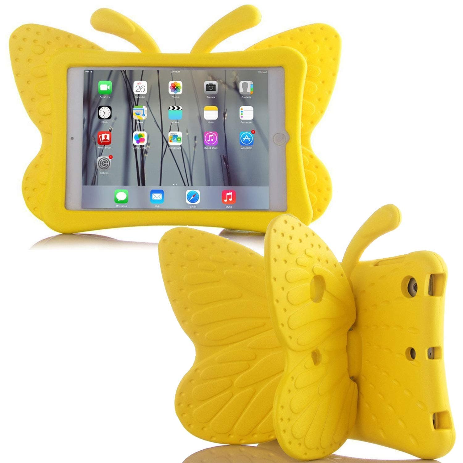 Simicoo iPad 7 8 9 10.2 Kids Case 3D Cute Butterfly 10.2 inch ipad 9th 8th Generation Tablet Case For Kids Girls Light weight EVA Foam Stand Shockproof Rugged Heavy Duty Kid Friendly iPad Cover Yellow
