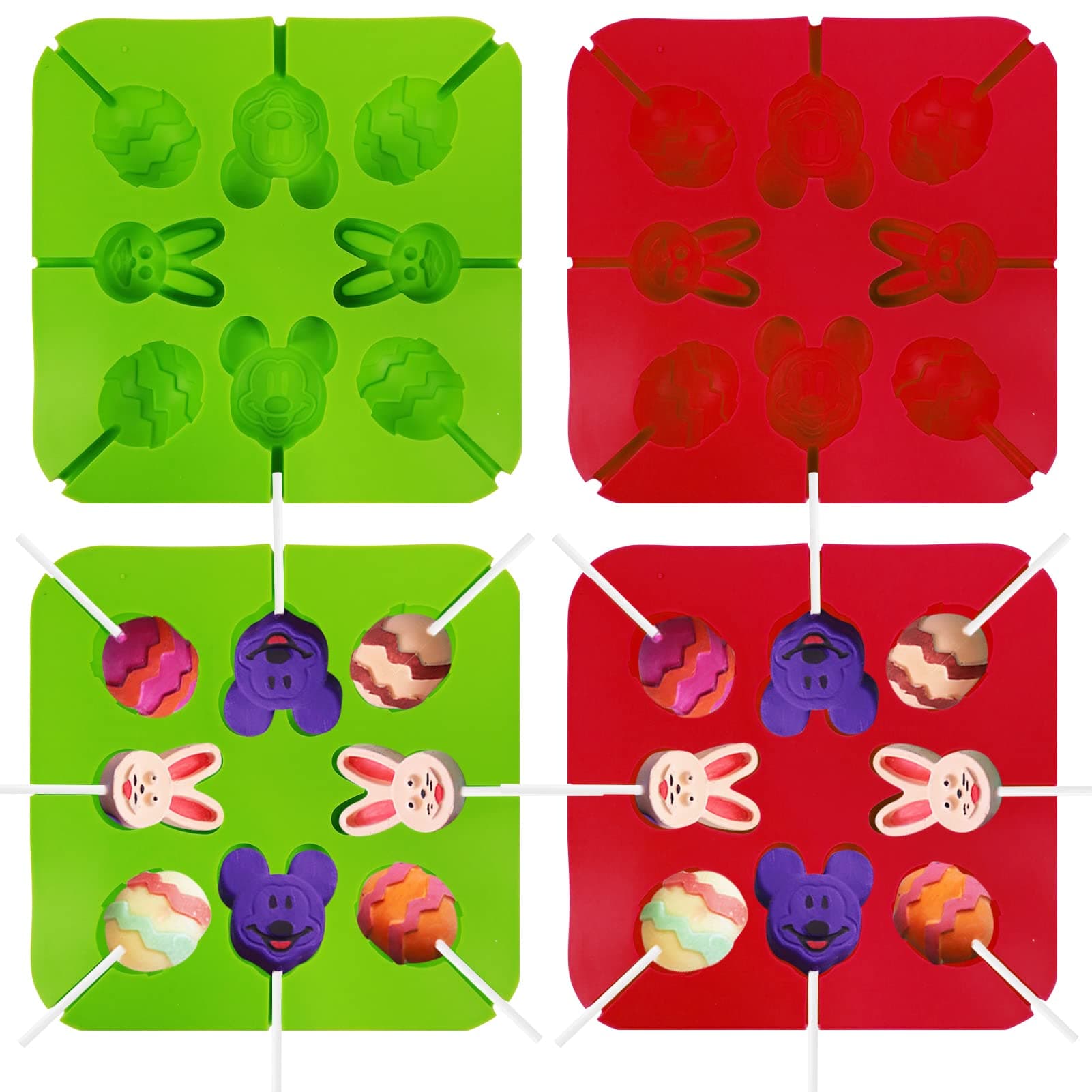 Easter Rabbit Mouse Silicone Molds Tray, 4x8 Cavity Chocolate Hard Candy Sucker Molds and 100 Lollipop Sucker Sticks, Easter Bunny & Egg for Kids Baking Birthday Party Supplies ( Green Red )