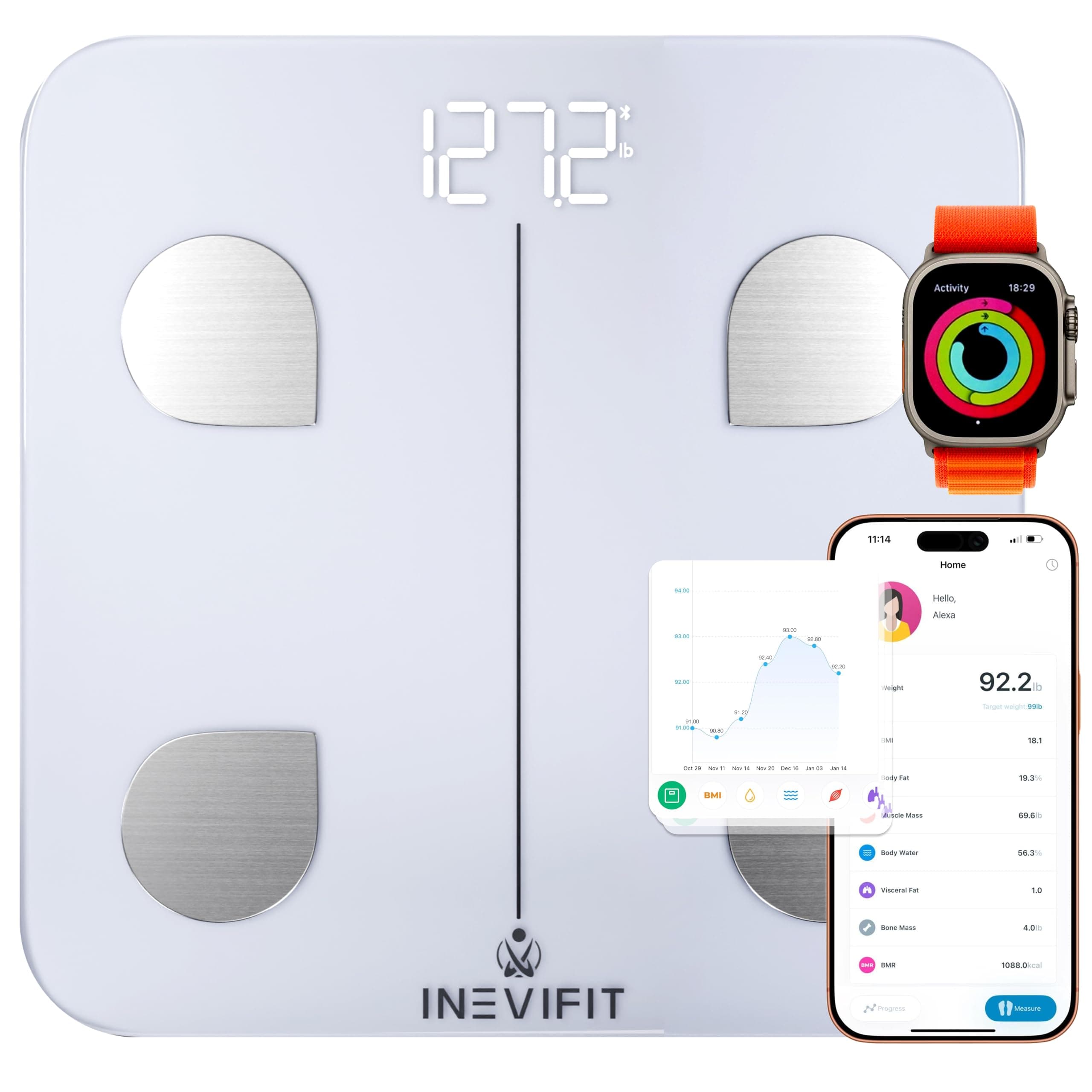 Smart Body Fat Scale, Highly Accurate Bluetooth Digital Bathroom Body Composition Analyzer, Measures Weight, Body Fat, Water, Muscle, Visceral Fat & Bone Mass for Unlimited Users (White)