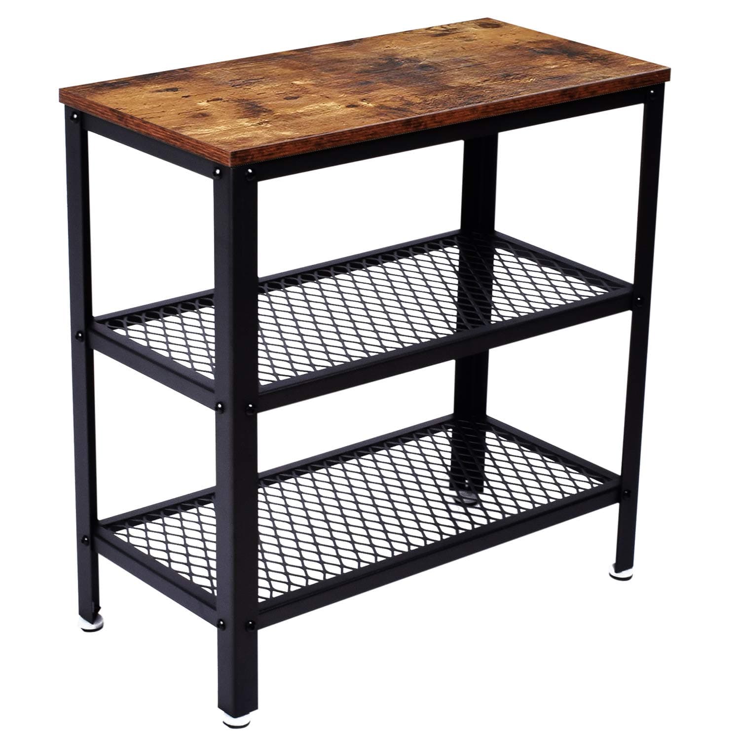 3-Tier Retro Side Table, Console Table with Storage Rack, Narrow Nightstand for Small Spaces, Mesh Shelf for Living Room, Bedroom, Entryway, Kitchen Storage Table,Easy Assembly, Rustic Brown
