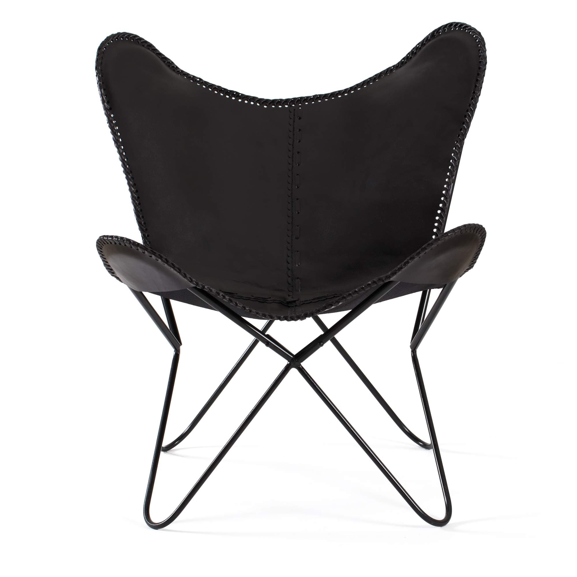 MH London Butterfly Leather I Handmade, Solid Iron Frame Lounge Chair I Comfortable Iconic Recliner I Hand-Stitching Industrial Effect, Black, 75cm