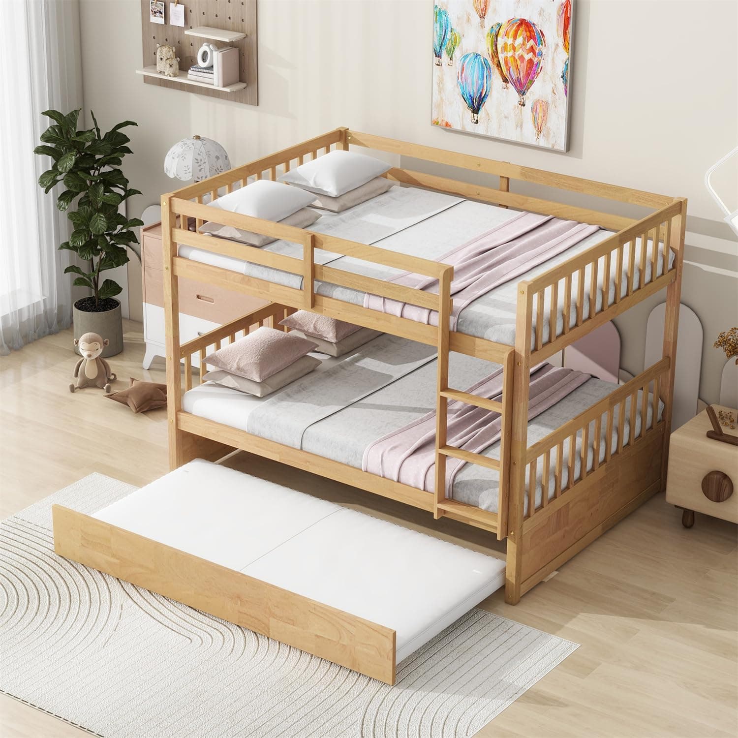Harper & Bright Designs Full Over Full Bunk Bed with Twin Size Trundle, Separatable 2 Beds in 1, Wooden Bed Frame with Ladder, White Oak